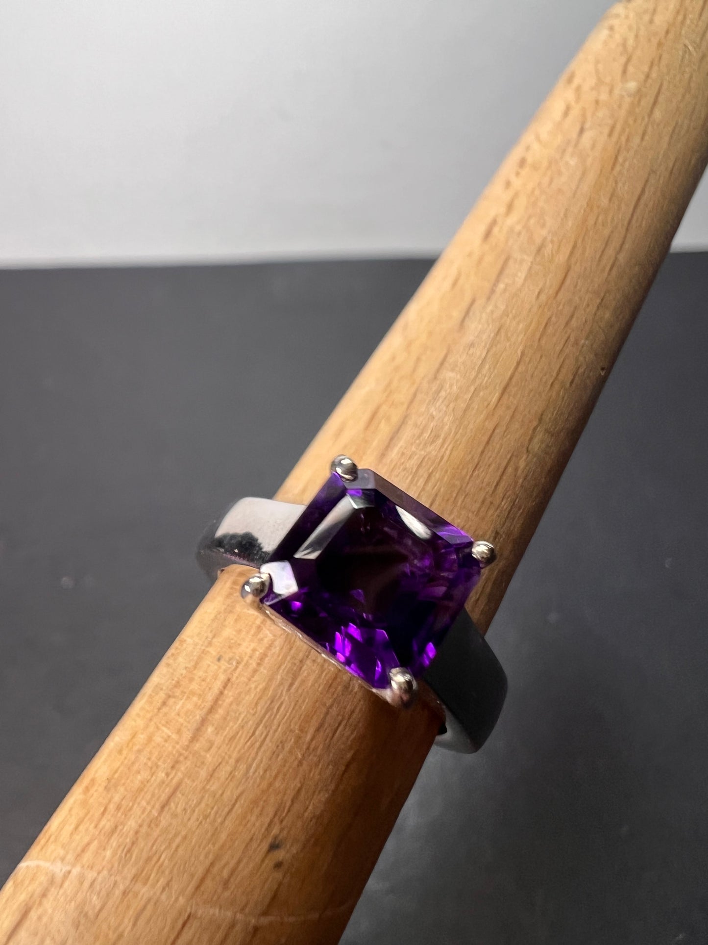 Asscher cut Moroccan amethyst solitaire ring in platinum over sterling silver size 5 *NEW*