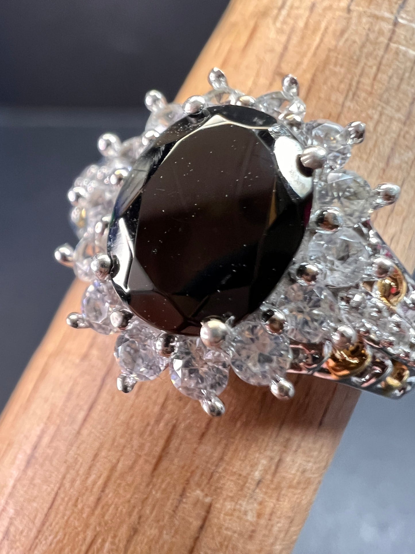 NEW Elite Shungite and zircon halo ring in vermeil and rhodium over sterling silver size 8