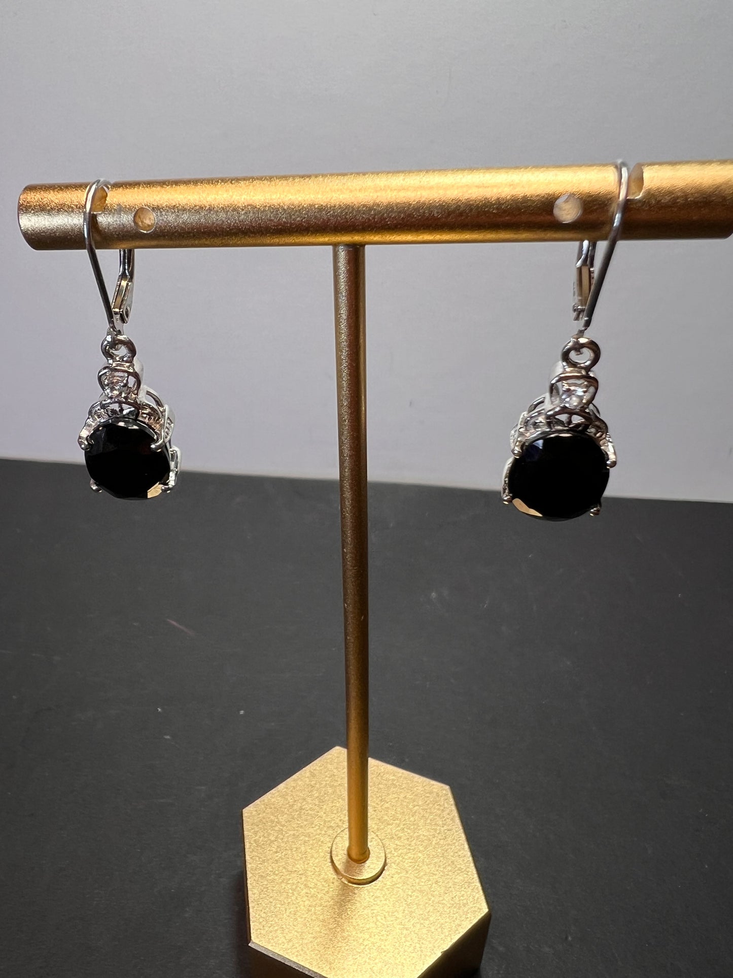 Black spinel lever back Sterling earrings