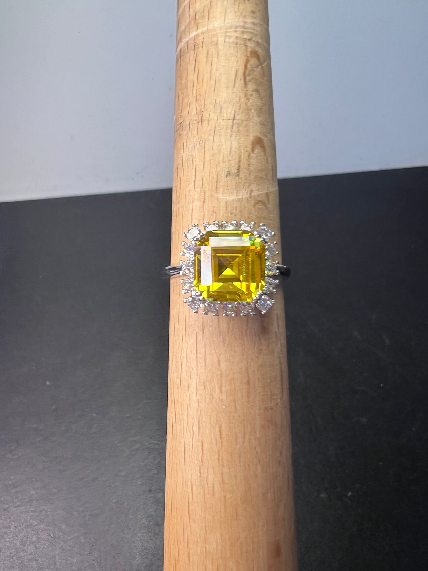 Yellow and white CZ sterling silver halo ring size 10