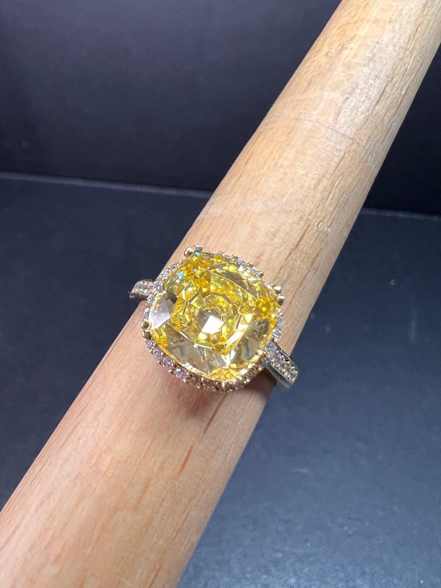 Yellow CZ halo ring in gold over sterling silver size 9