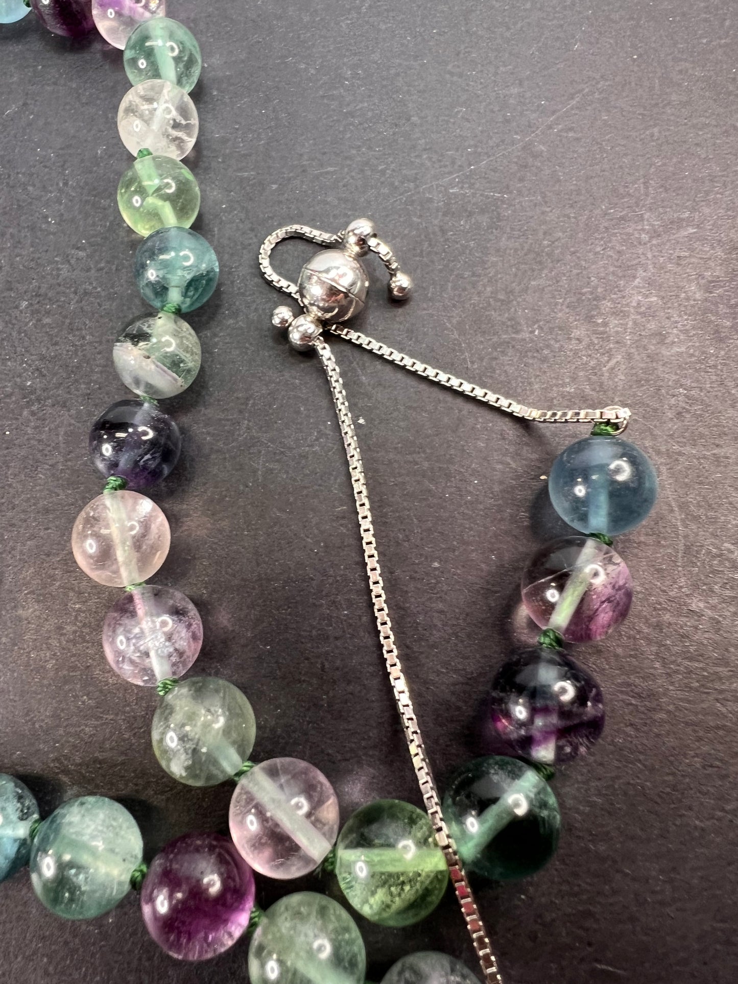 Fluorite knotted beaded bolo necklace with sterling silver magnetic clasp