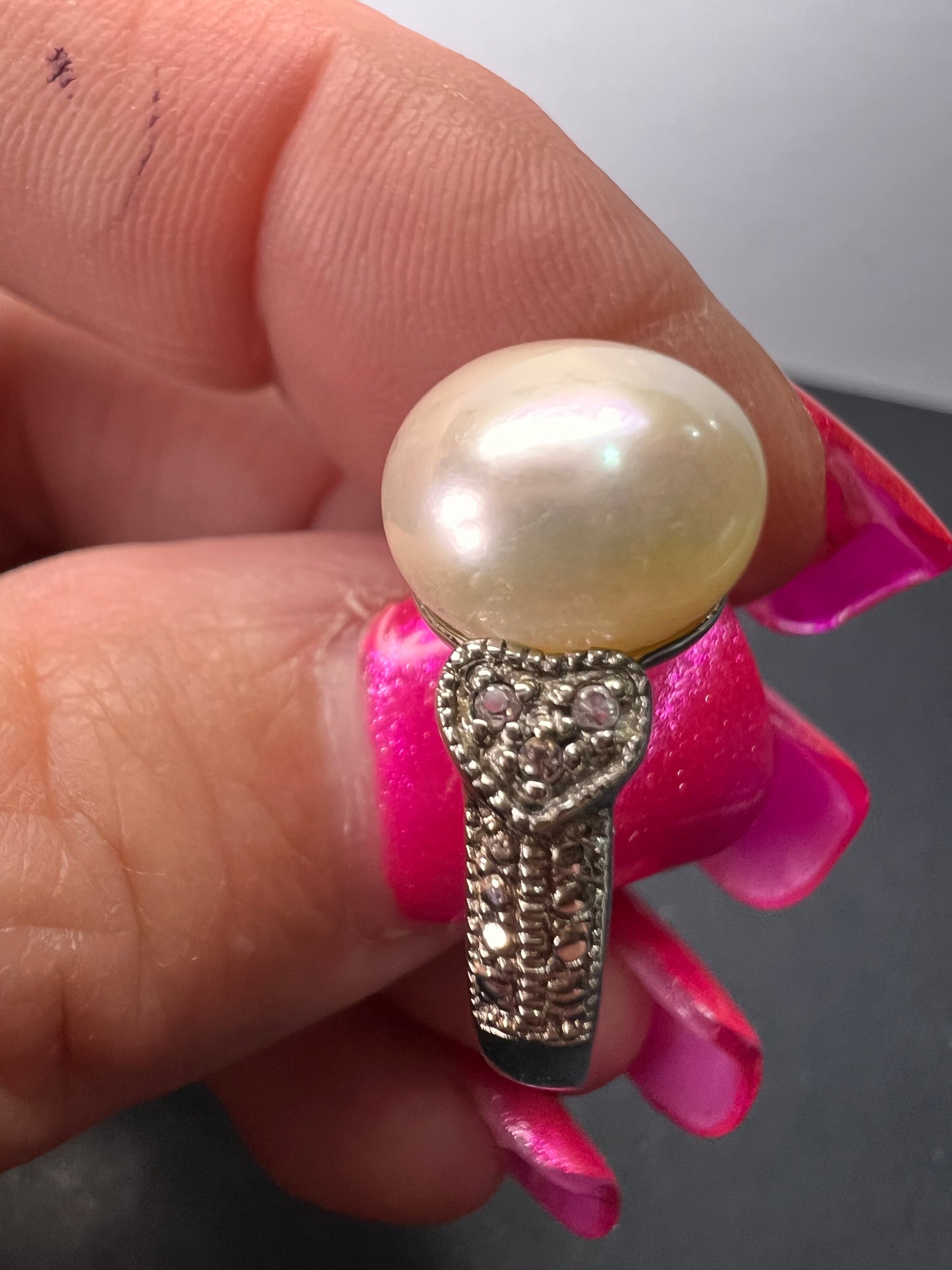 White Cultured Freshwater Pearl And White Topaz Sterling Silver Ring size 8