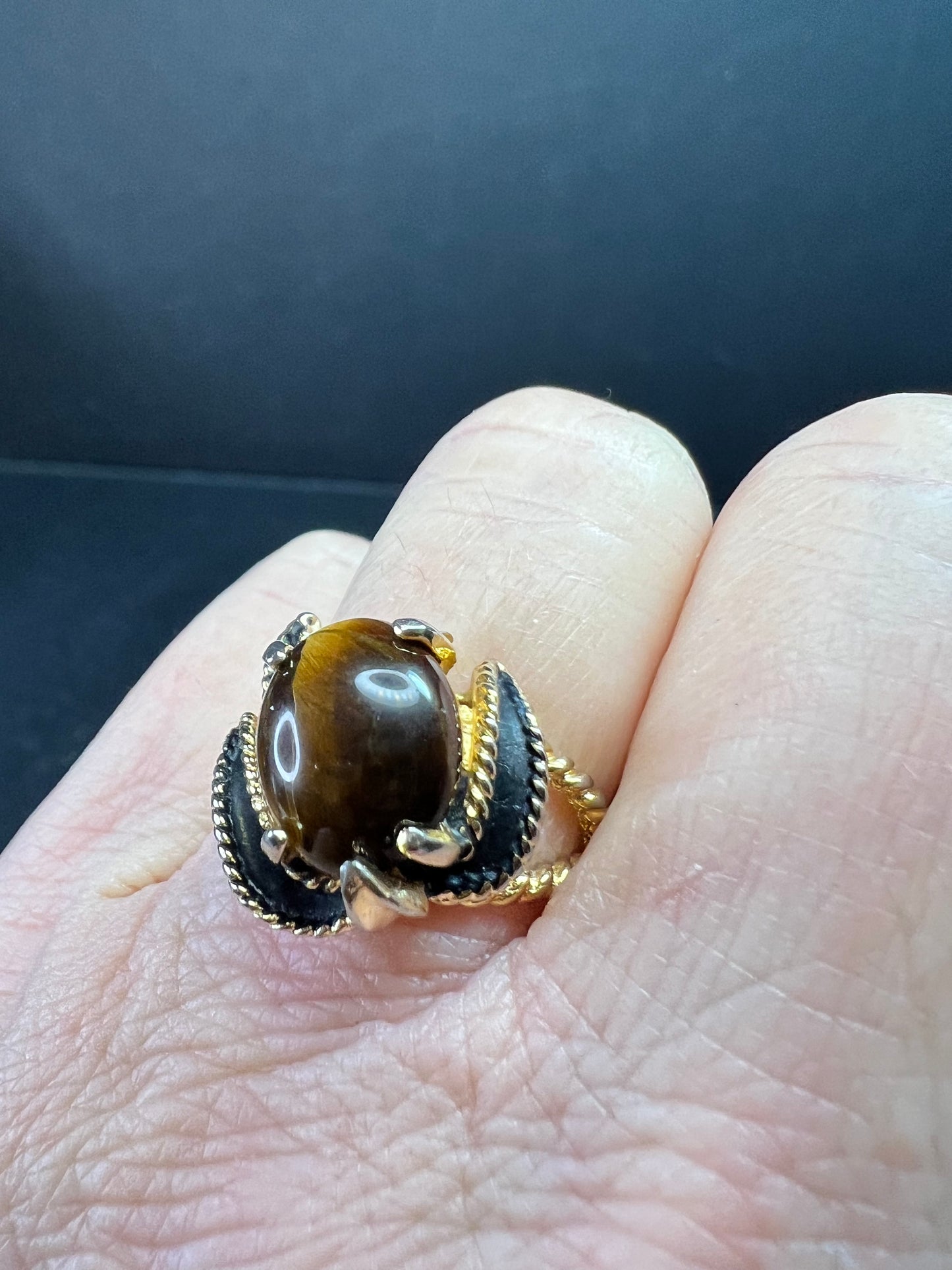 Vintage Espo Tiger’s Eye Ring Size 7.5 18K HGF Gold Filled Statement