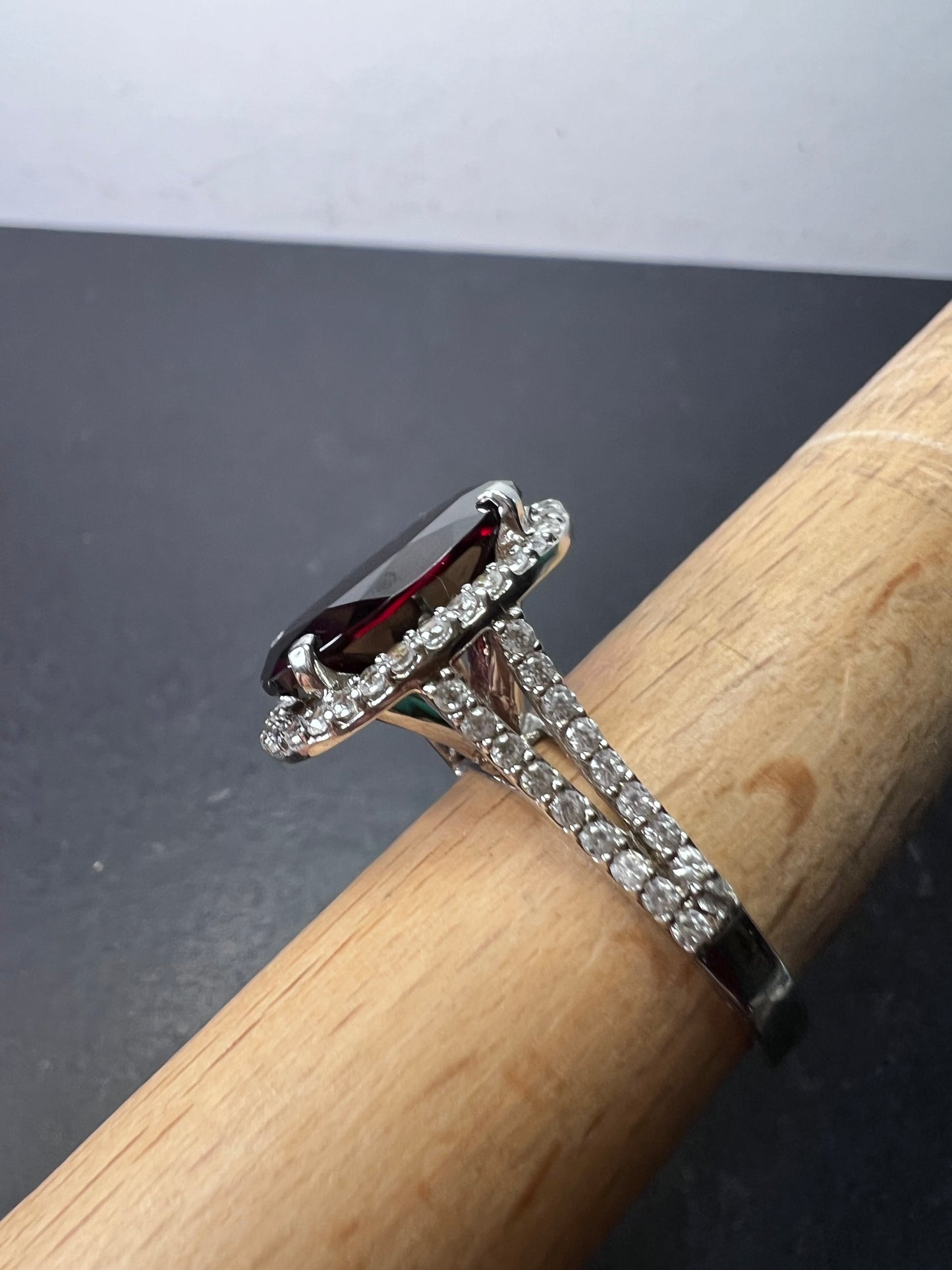 Garnet and zircon sterling silver halo ring size 9