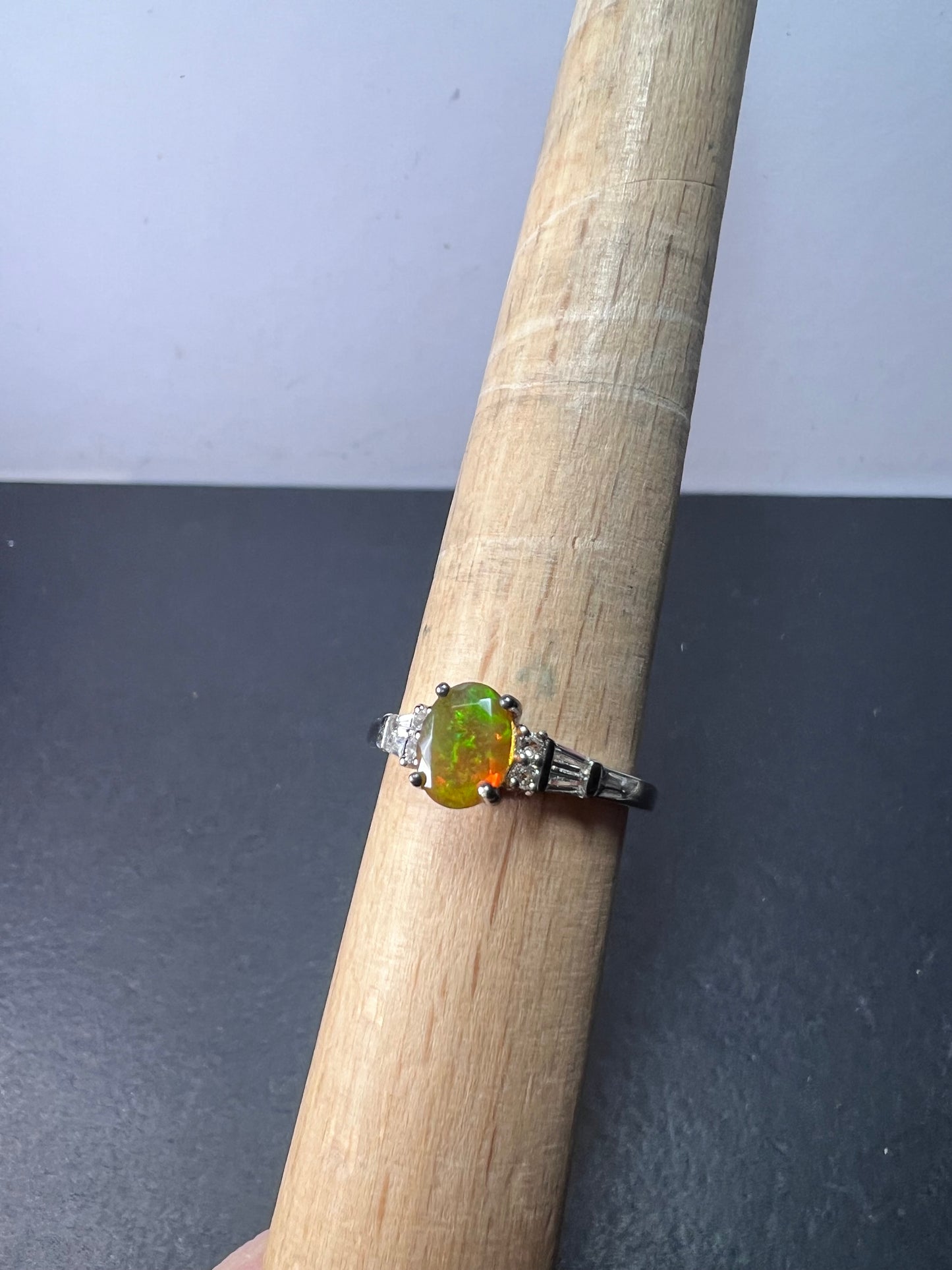 Ethiopian opal and white topaz sterling silver ring size 9