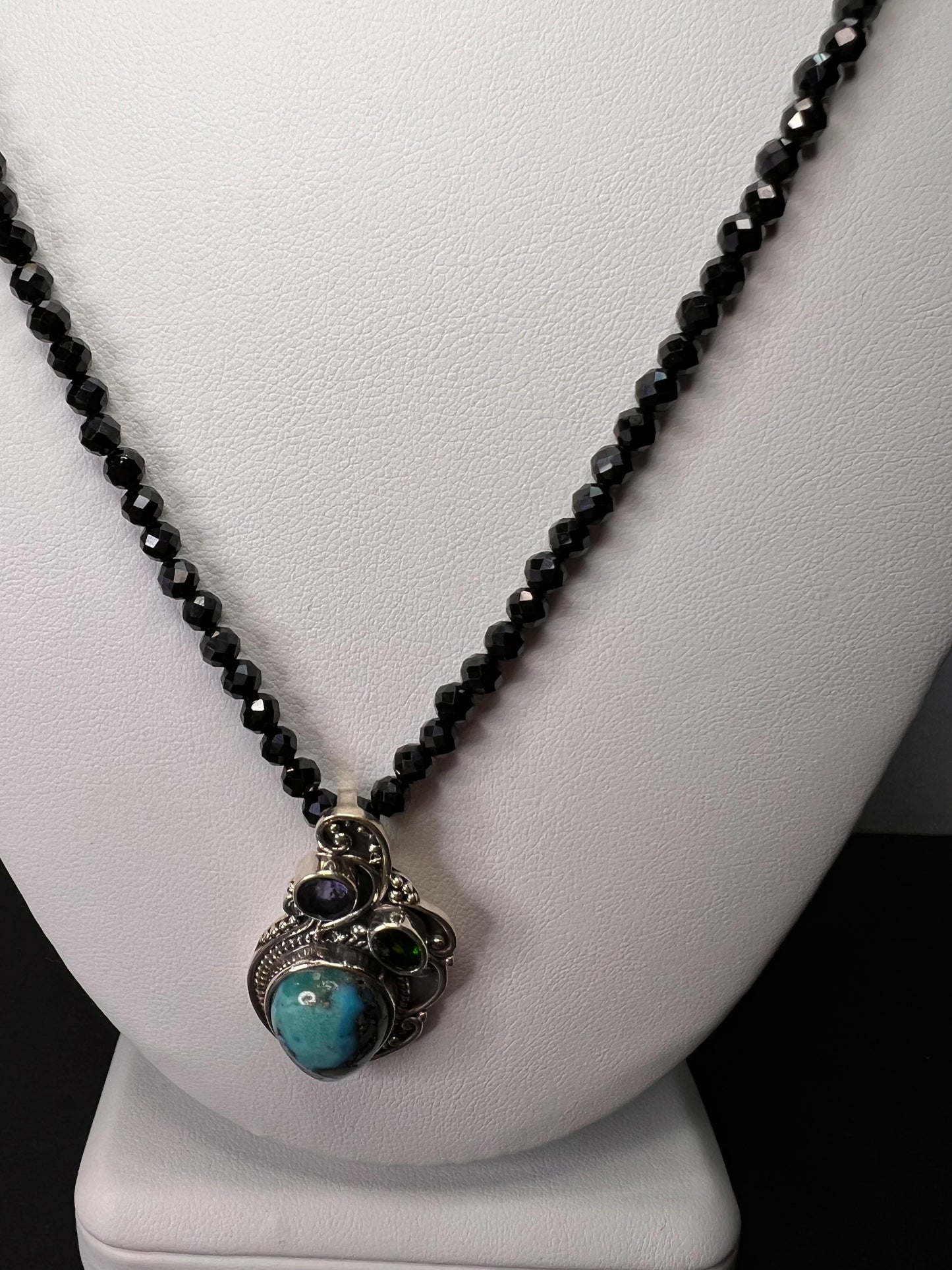 Black spinel and turquoise multi gem sterling silver pendant necklace