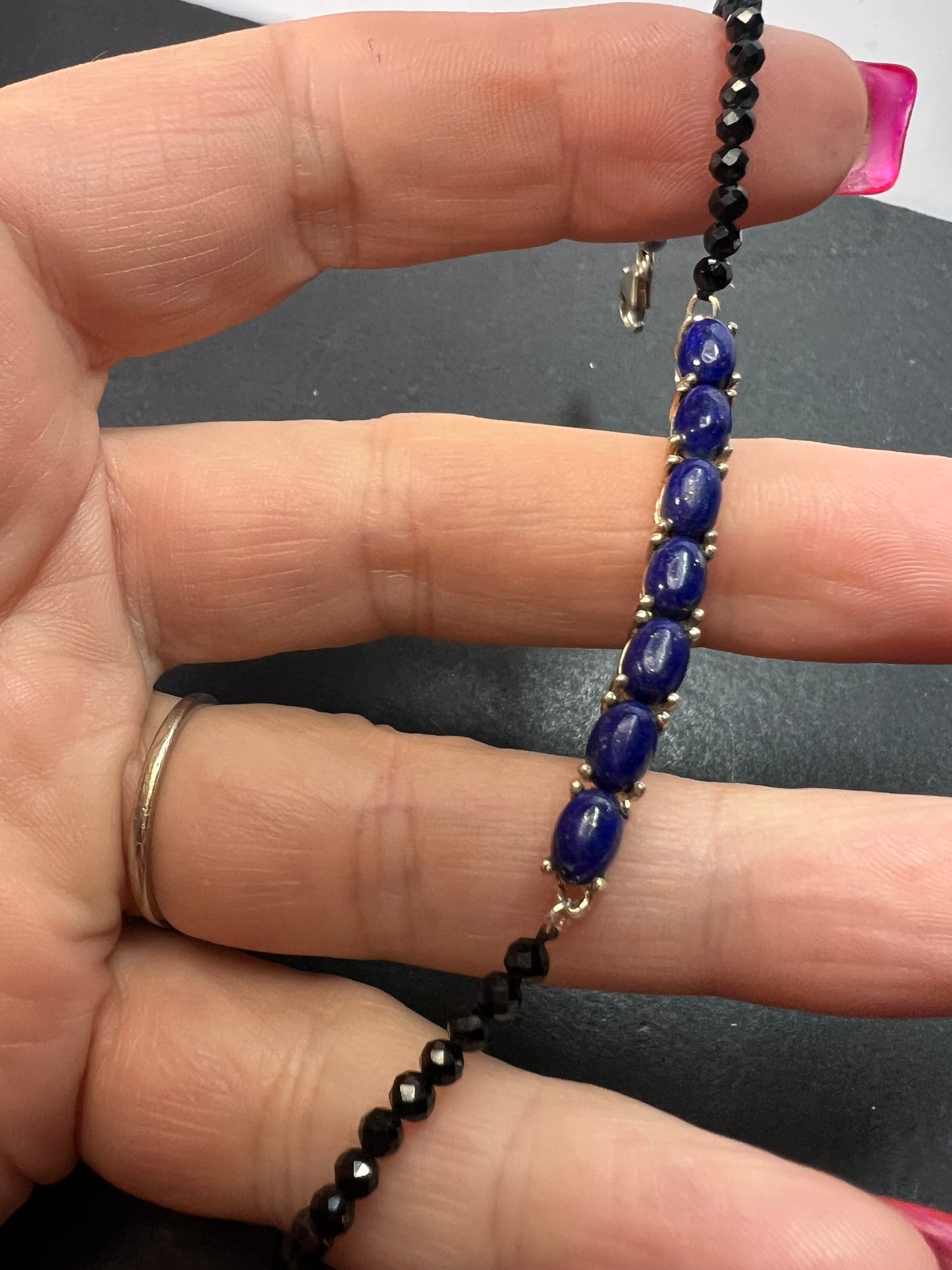 Lapis lazuli and black spinel sterling silver bracelet