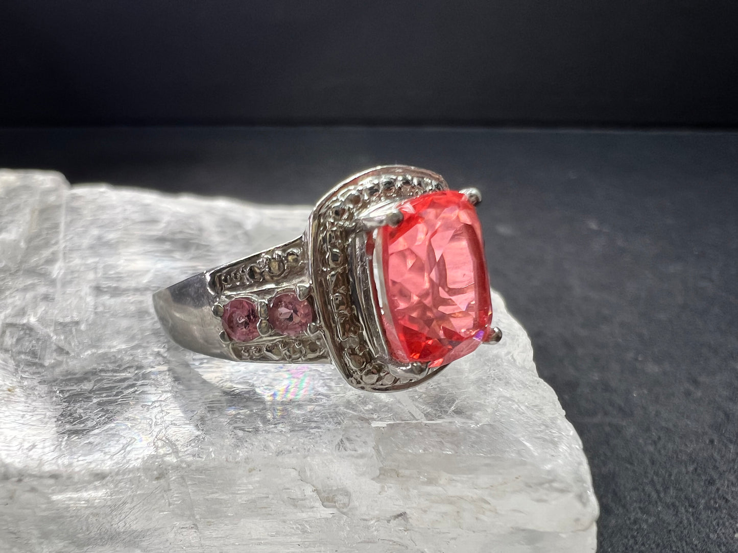 Sterling Silver Peach Red Quartz Doublet & Pink Tourmaline Ring 8.75