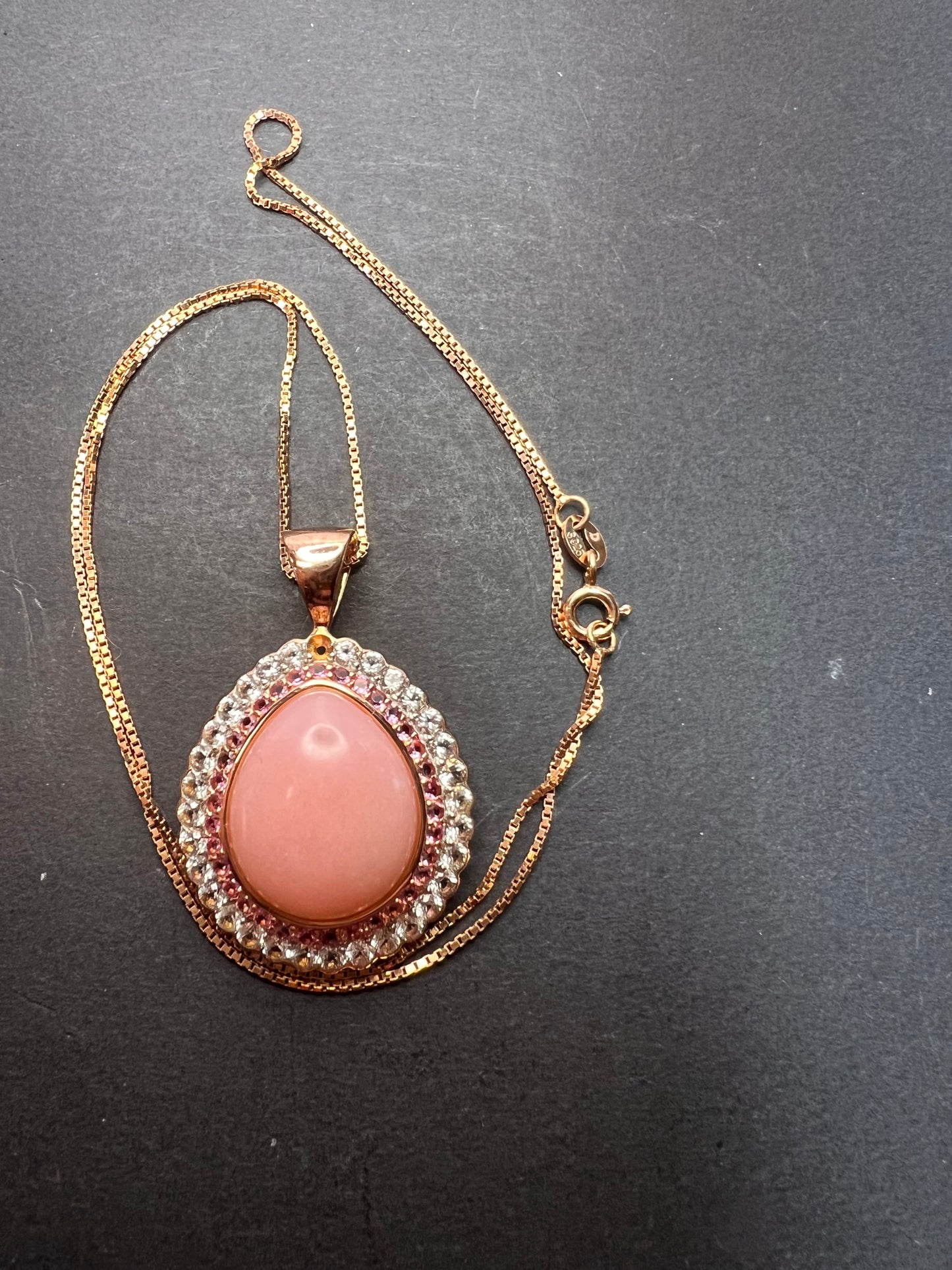 Pink opal, pink tourmaline and white topaz pendant necklace rose gold over sterling 18 inch chain