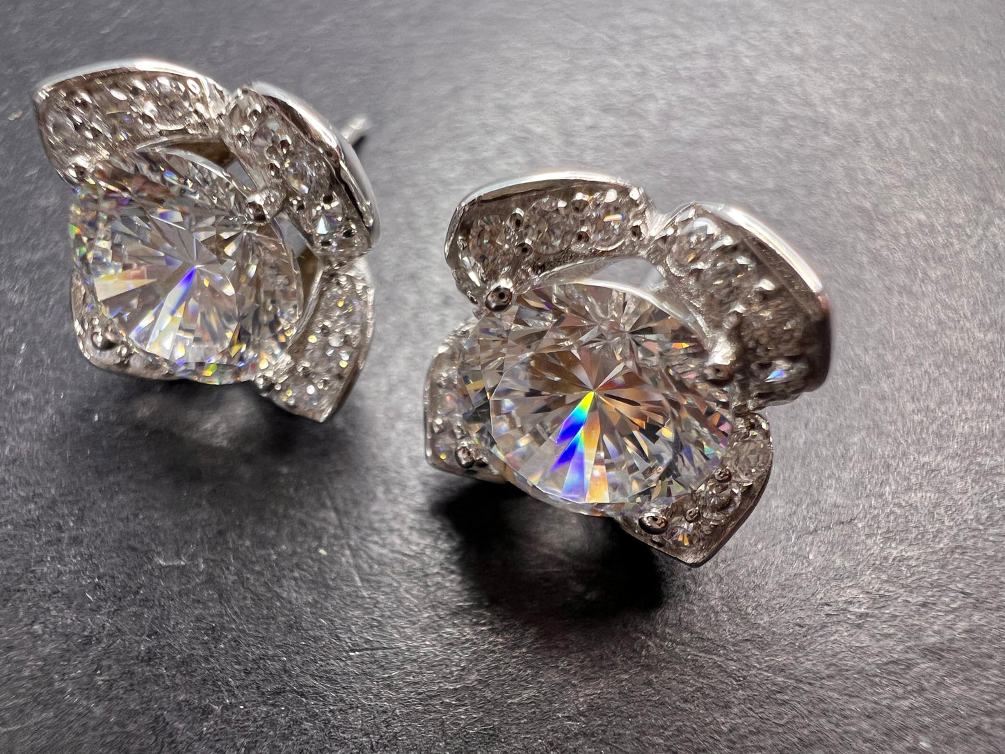 CZ floral styled stud earrings in rhodium over sterling silver