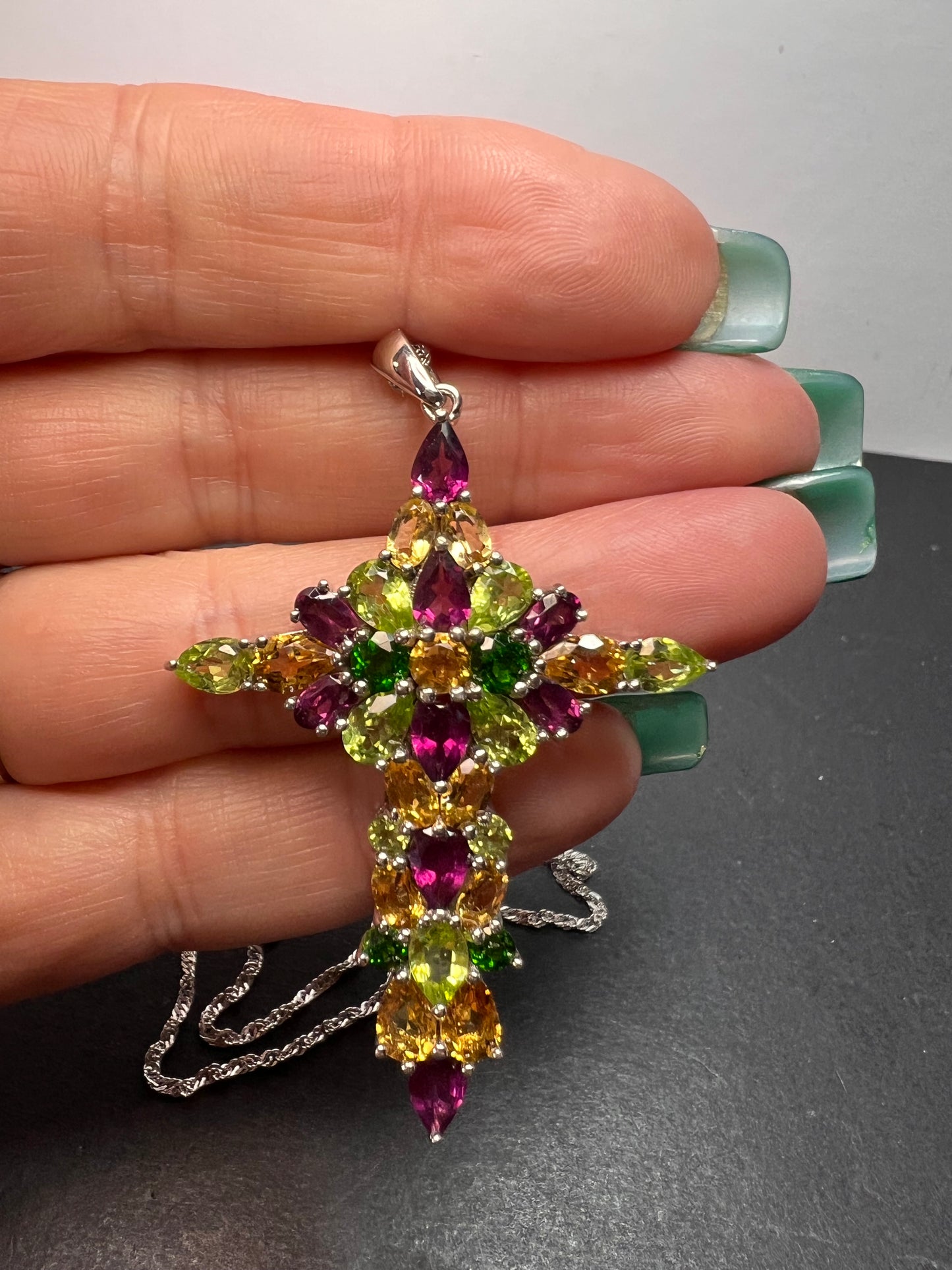 Multi-Gem Rhodium Over Sterling Silver Cross Pendant with Chain 10.01ctw