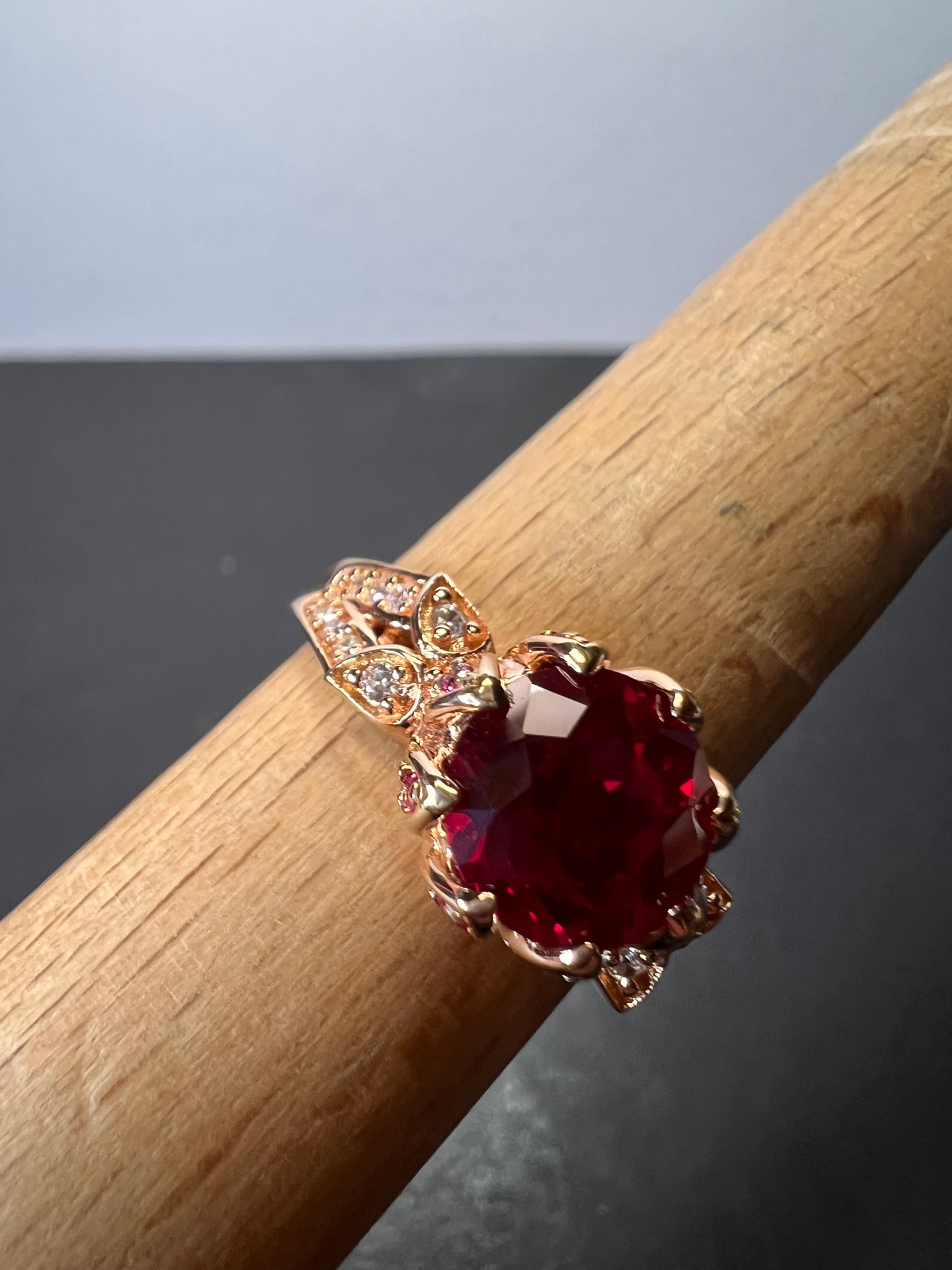 Lab Ruby and pink sapphire rose gold over sterling statement ring size 10