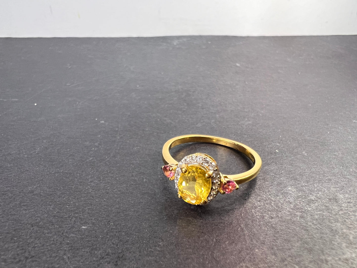 Heliodor and rubellite halo ring in vermeil yellow gold over sterling silver size 9 *NEW*