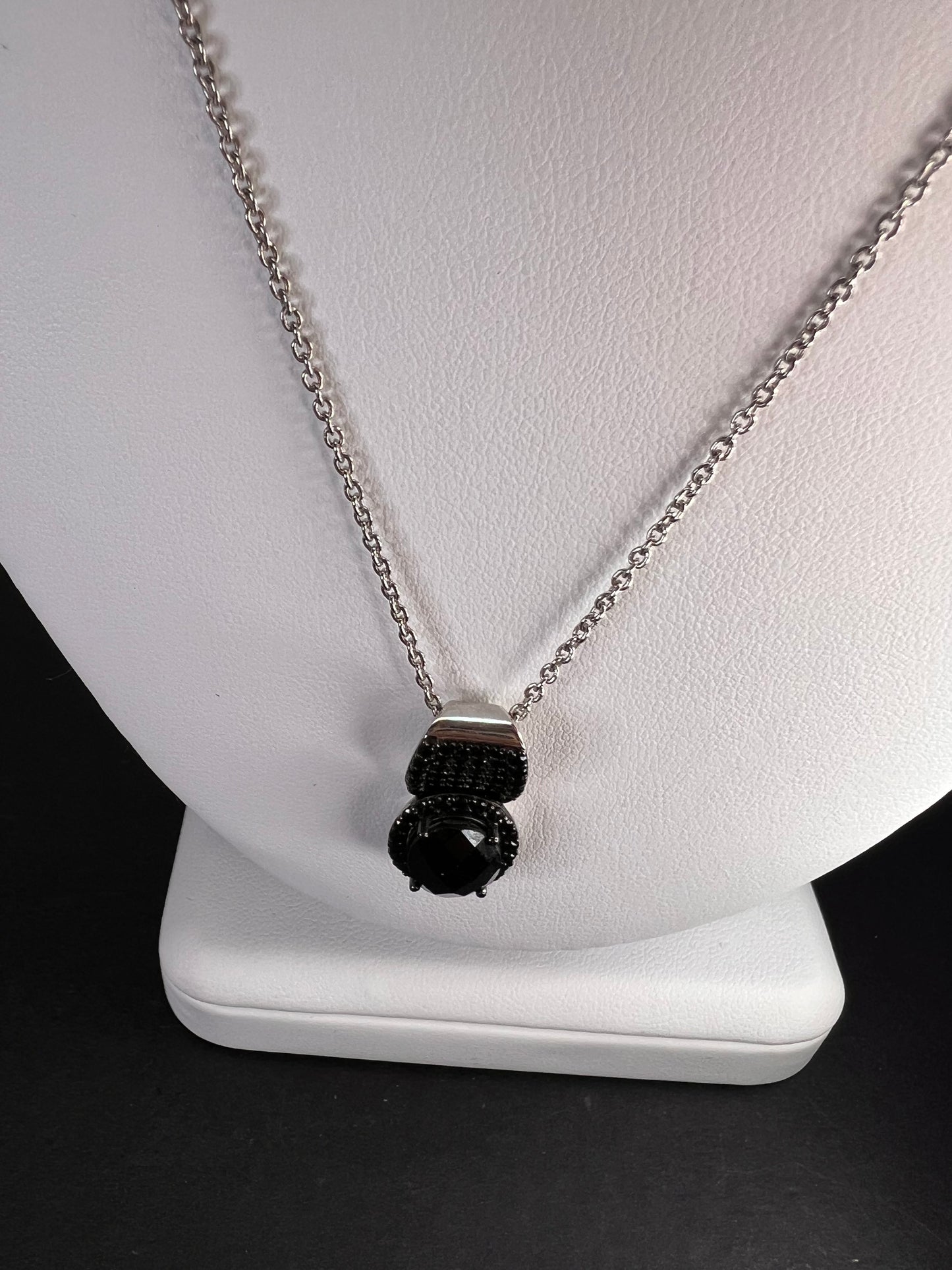 Black spinel pendant and chain necklace in rhodium over sterling silver