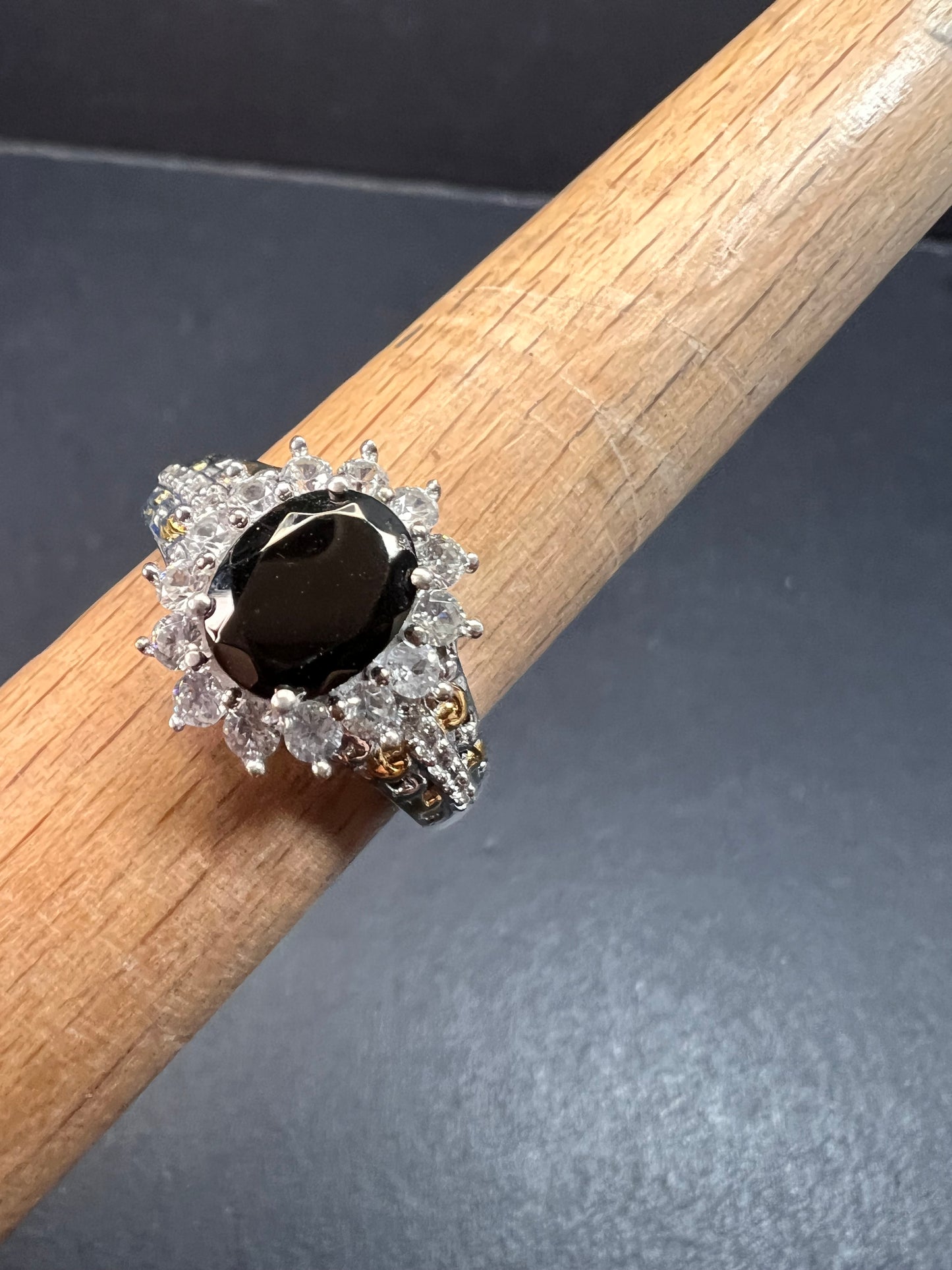 NEW Elite Shungite and zircon halo ring in vermeil and rhodium over sterling silver size 8