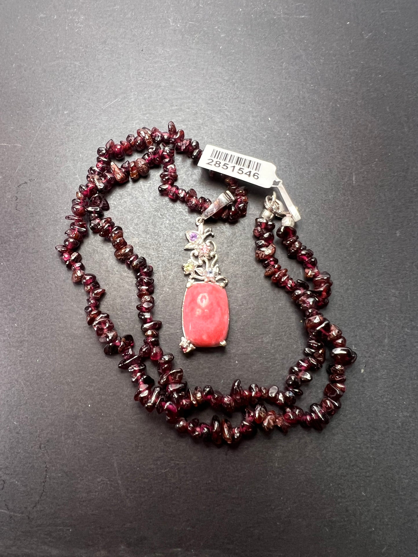 Norwegian Thulite and garnet chip necklace with sterling silver pendant and clasp