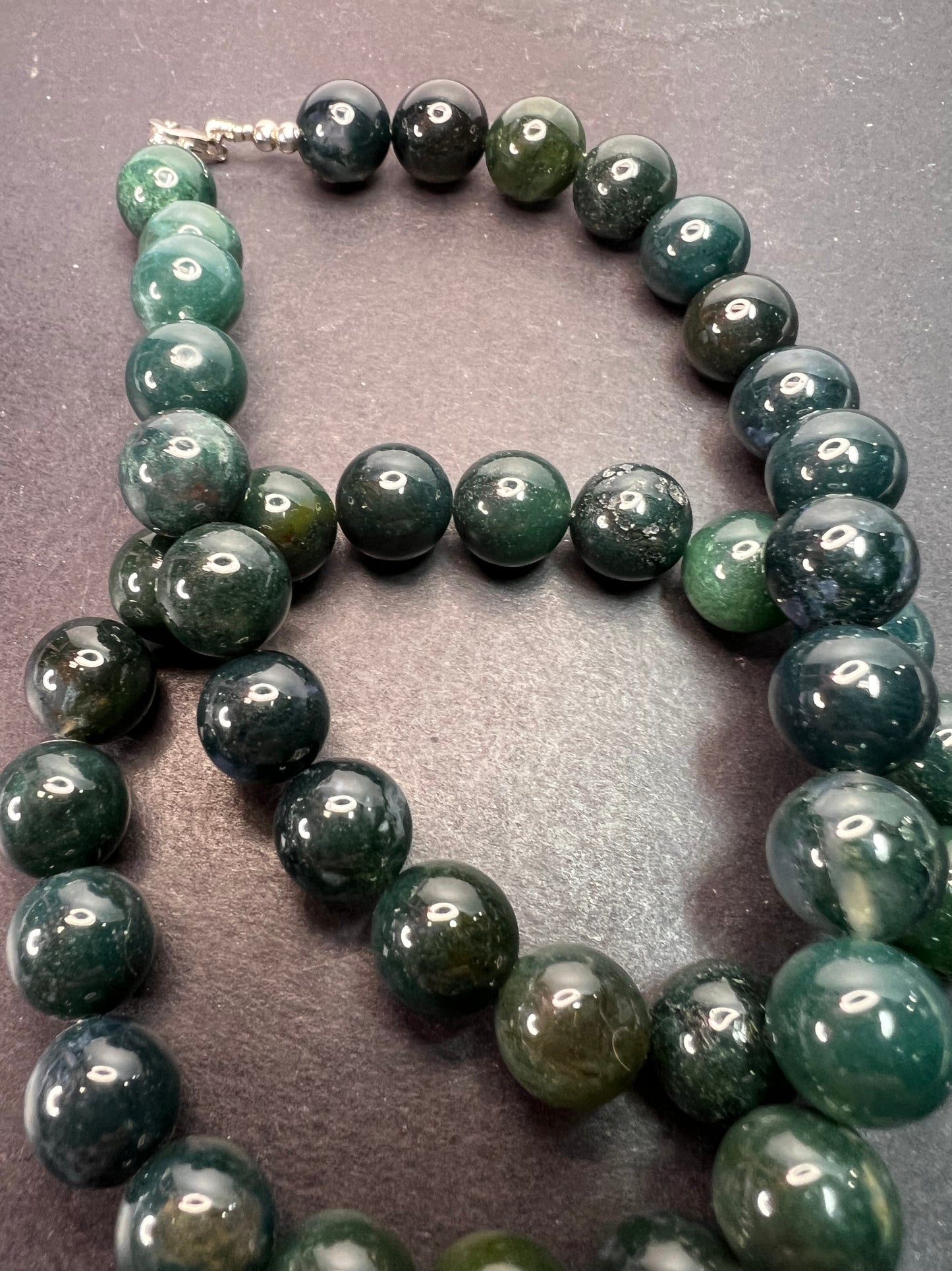 Moss agate 18 inch beaded necklace with sterling silver clasp