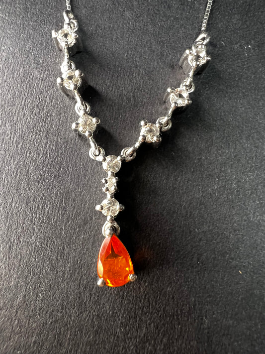 Vintage Sterling Silver Mexican Fire Opal & White Topaz Y Necklace
