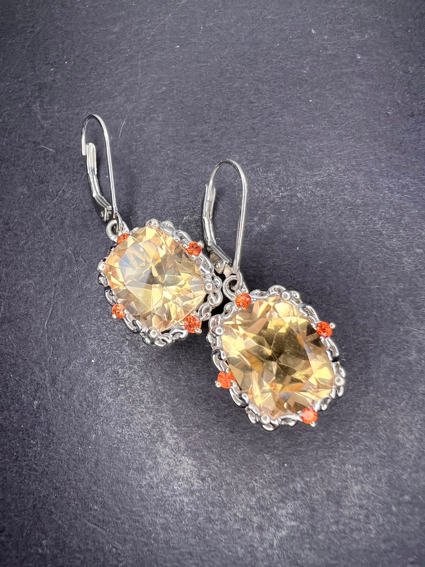 Morganite quartz and orange spinel sterling silver lever back earrings OOP