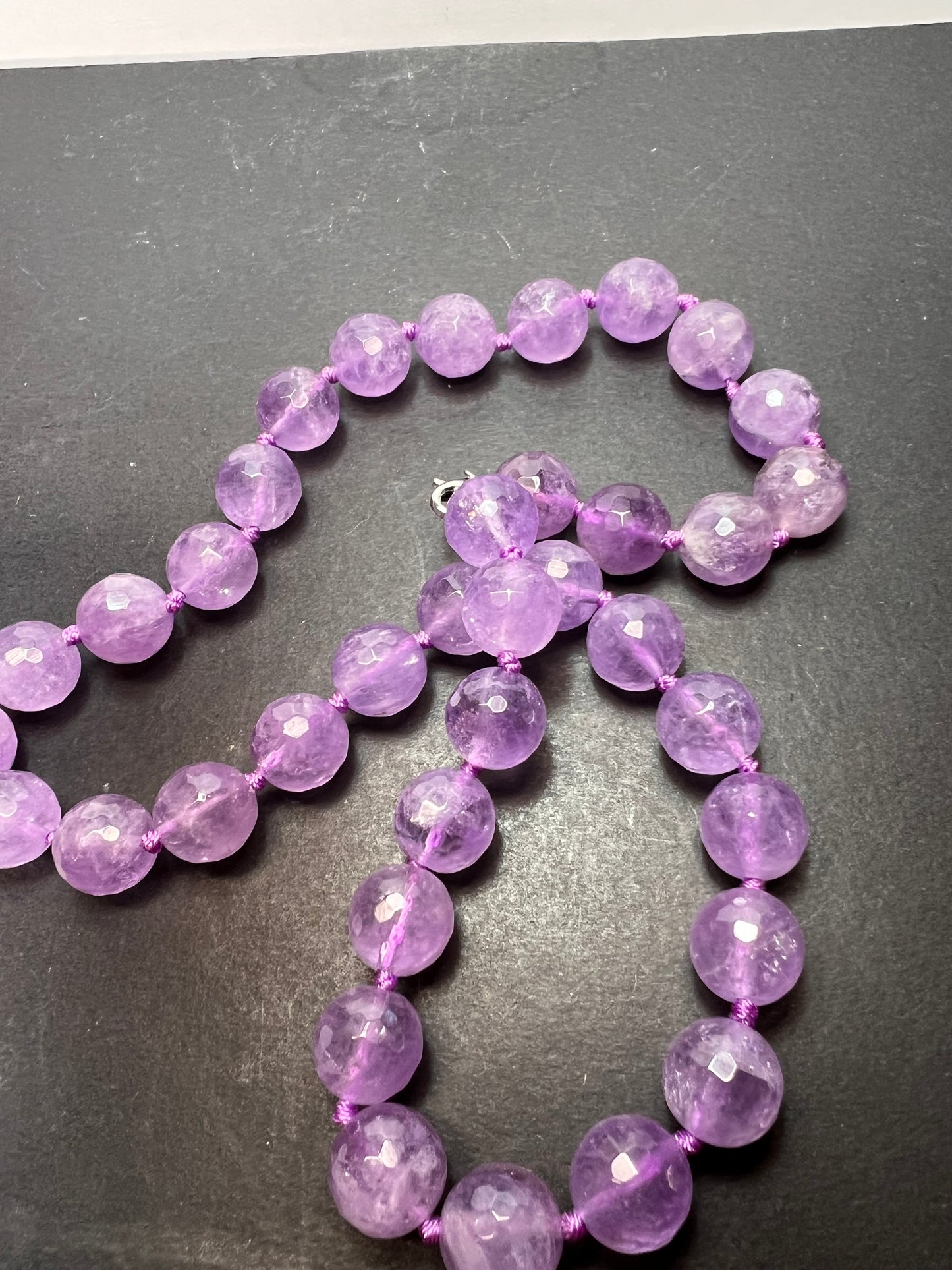 Faceted lavender amethyst knotted necklace with sterling clasp