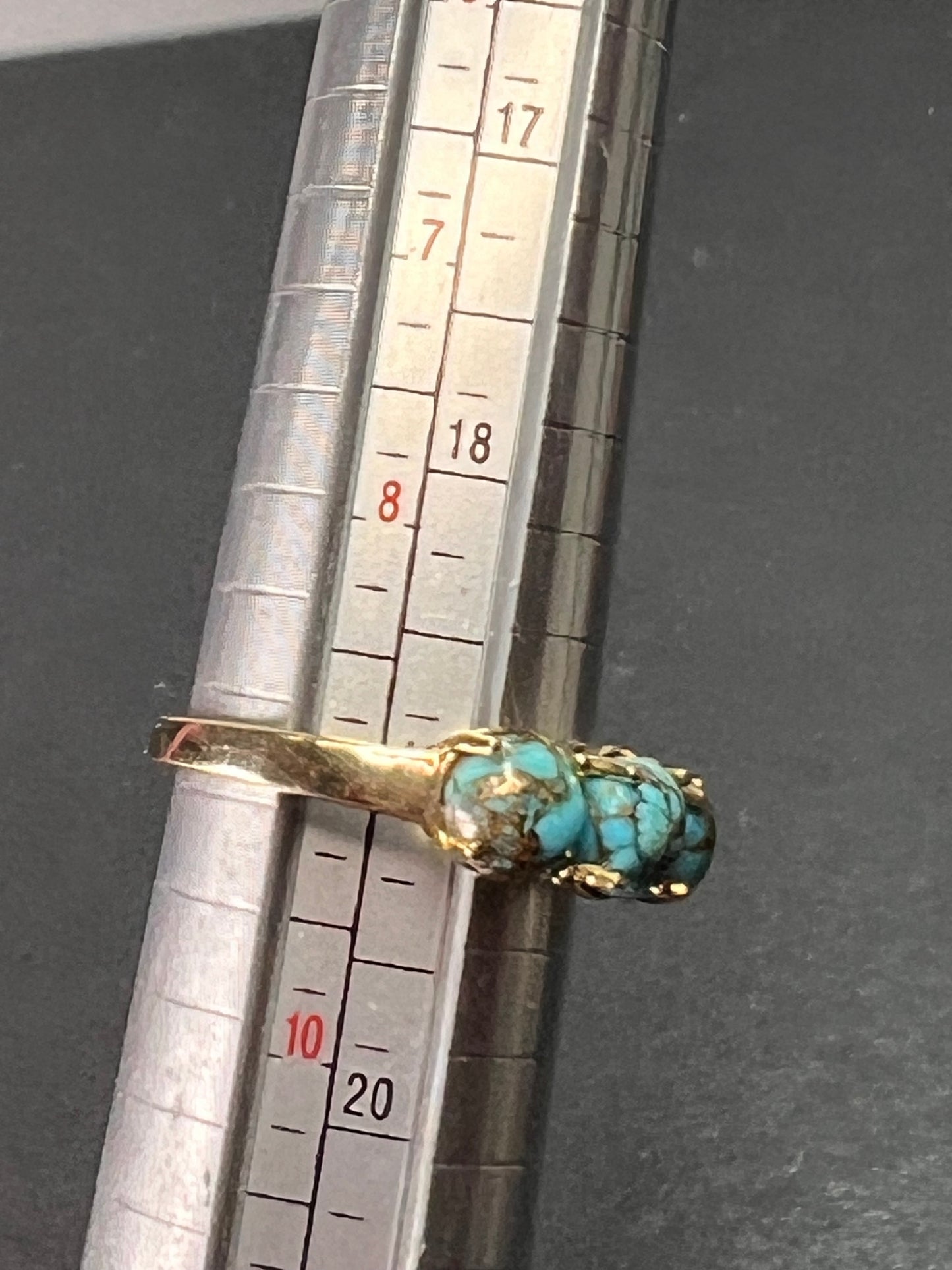 Blue composite turquoise trilogy ring in gold over sterling silver size 9