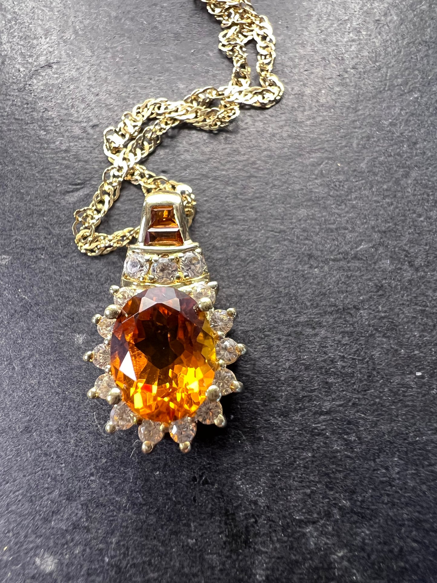 Mandarin citrine and white topaz halo pendant necklace in 14k gold over sterling silver