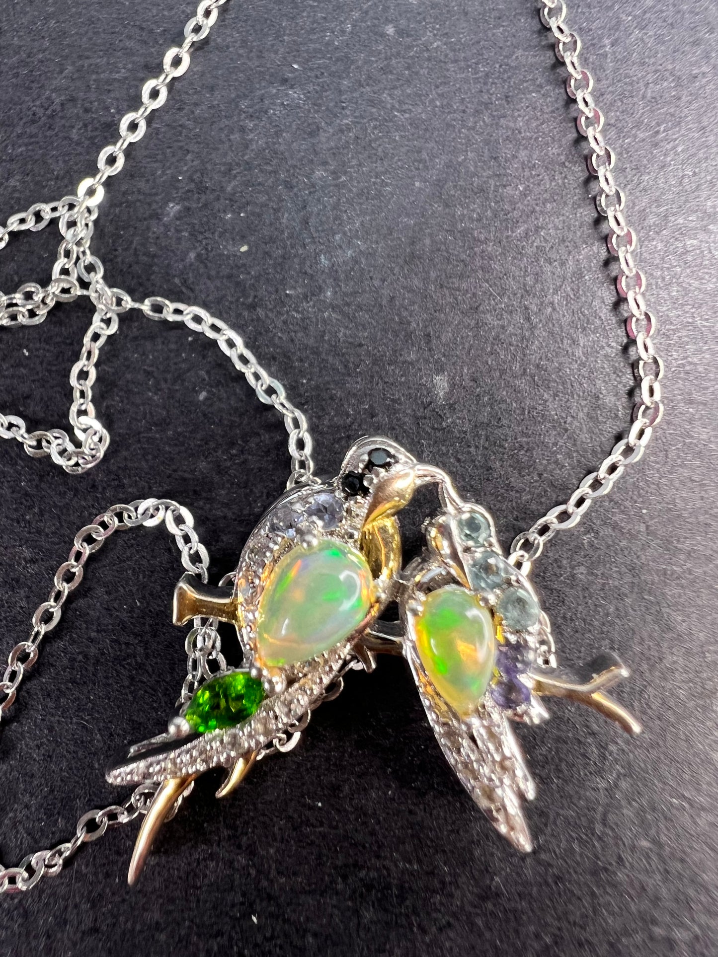 Ethiopian opal love birds multi gemstone two toned pendant and chain in gold and rhodium over sterling silver