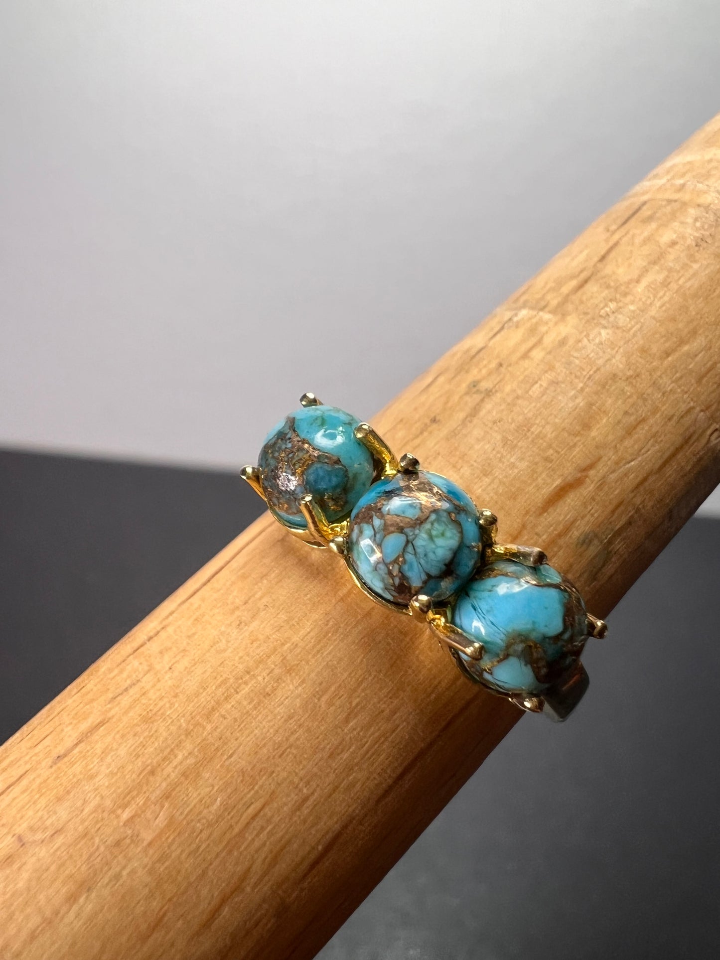 Blue composite turquoise trilogy ring in gold over sterling silver size 9