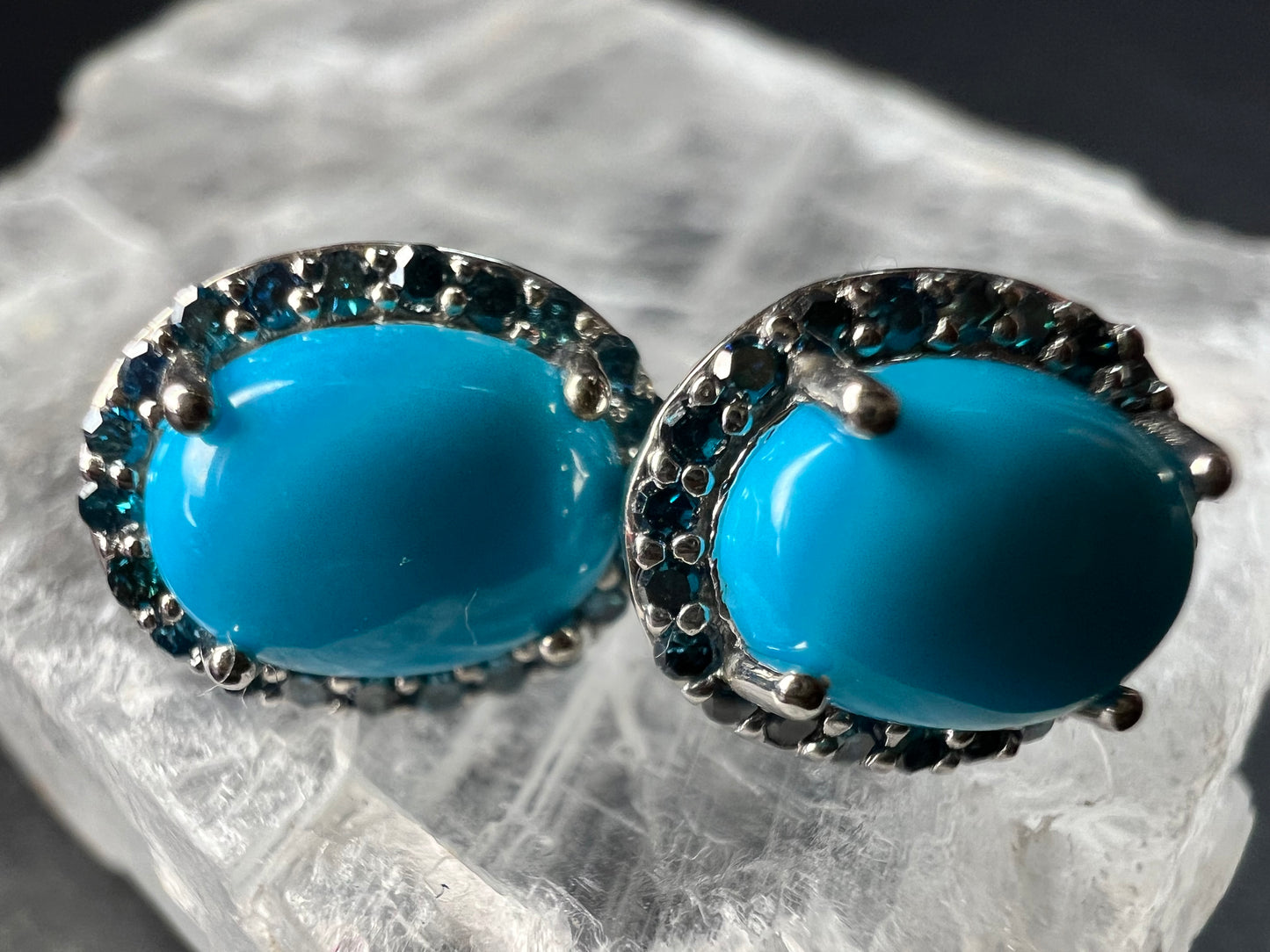 Turquoise & Blue Diamond Sterling Silver Halo Stud Earrings 925 Oval