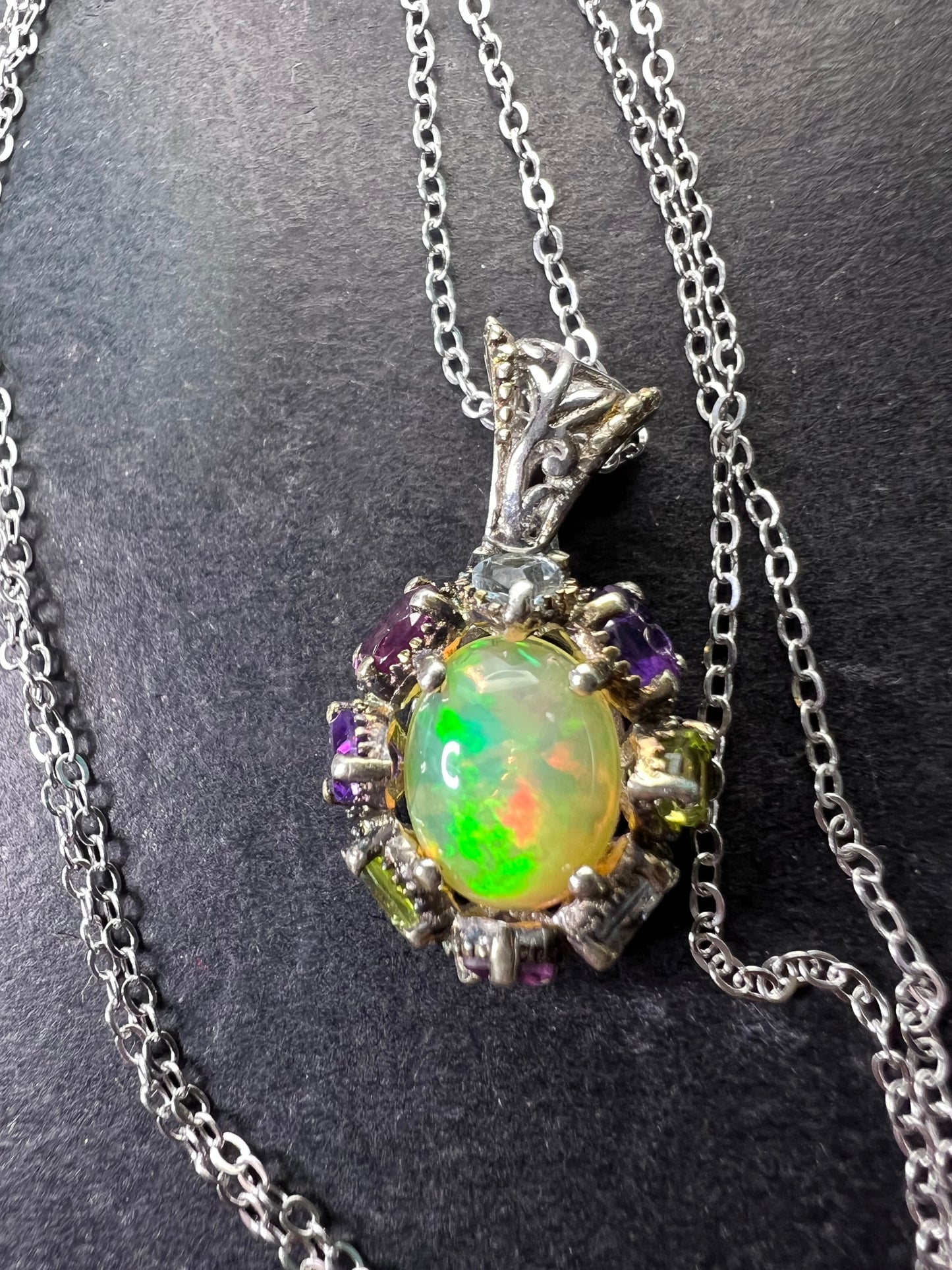 Ethiopian opal multi stone sterling silver halo pendant necklace