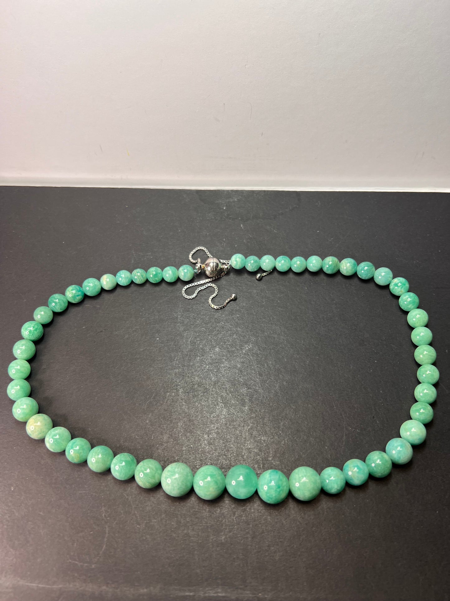 Amazonite beaded bolo necklace with sterling clasp and slide adjustments