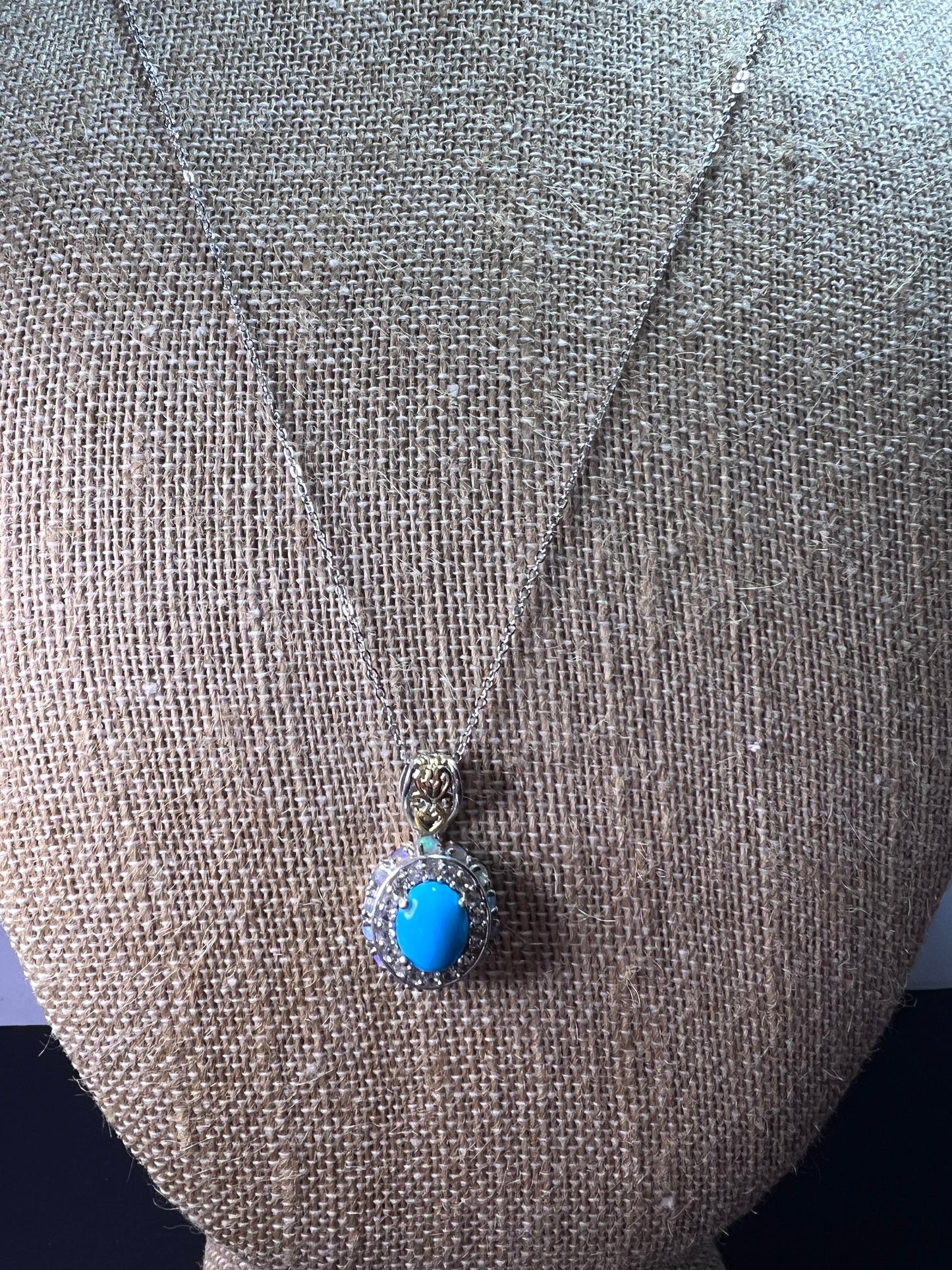 New Opal and sleeping beauty turquoise halo pendant and 20 inch chain necklace