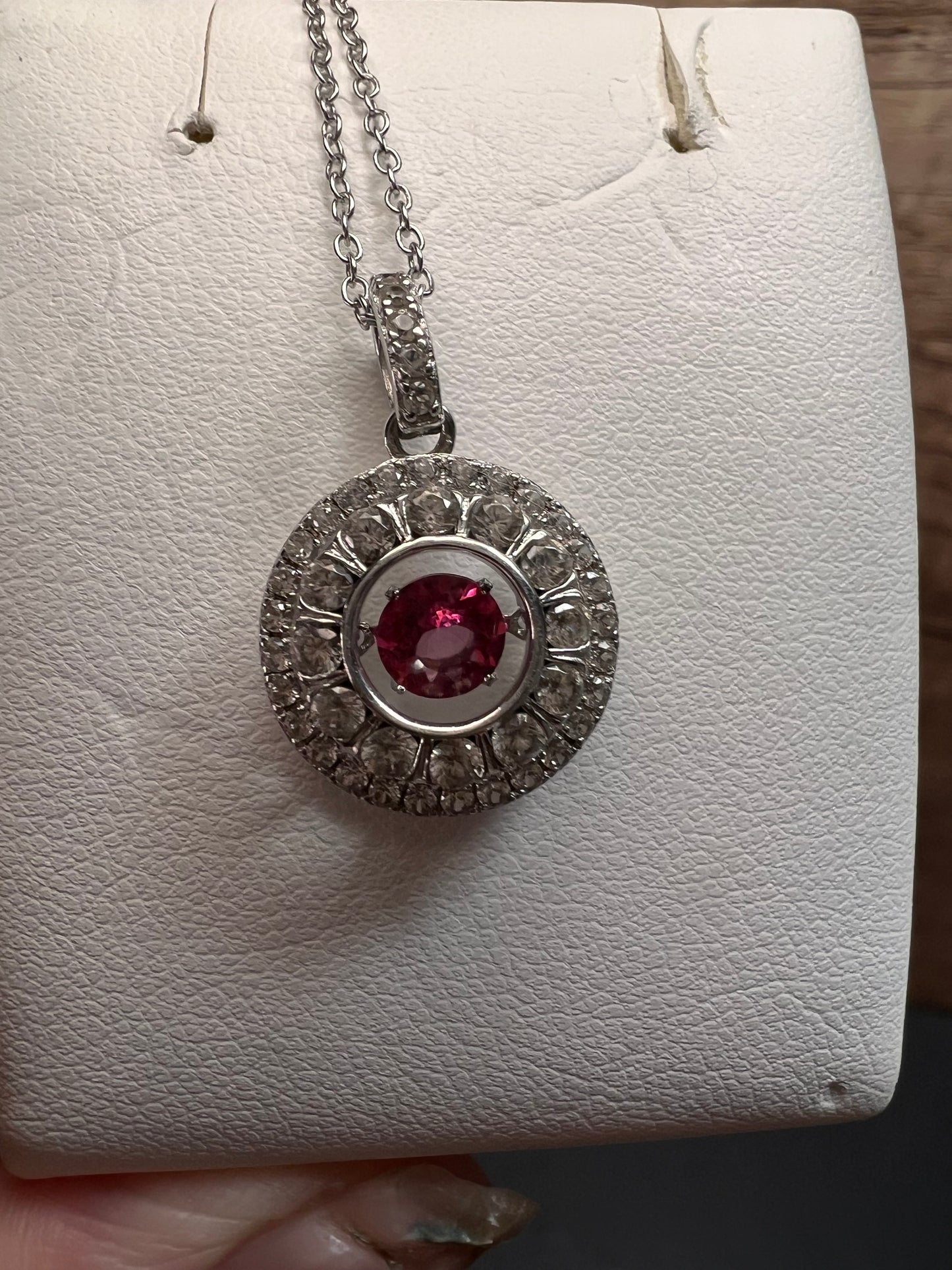 Pink tourmaline white topaz fluttering pendant necklace in platinum over sterling silver