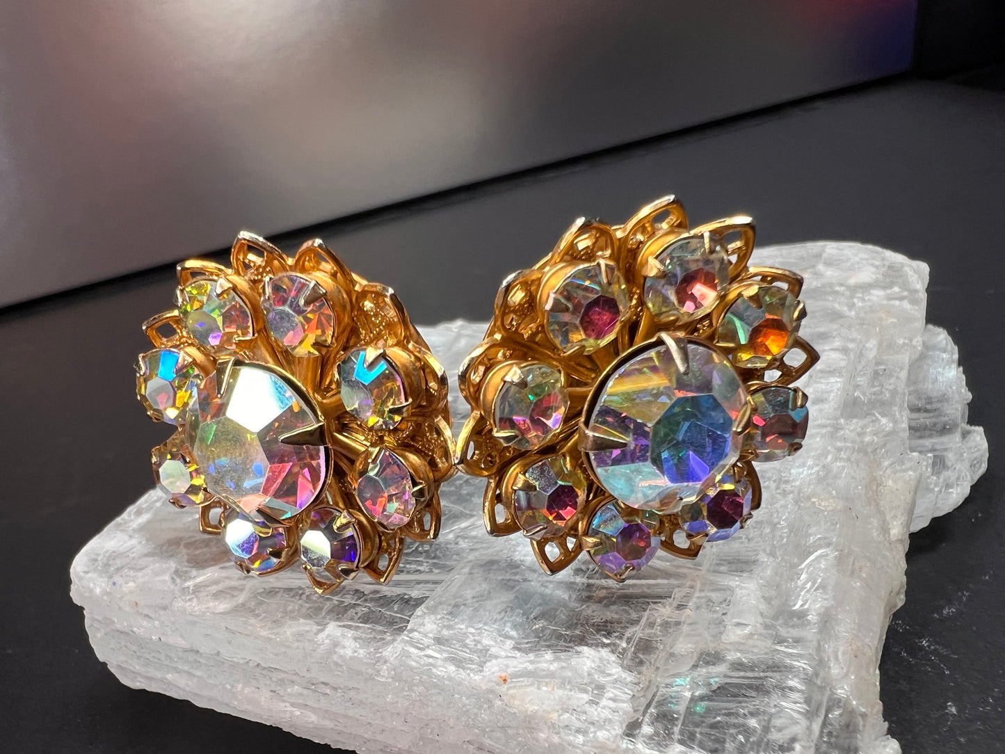 Vintage AB Rhinestone Floral Clip-On Earrings | Mid-Century Costume