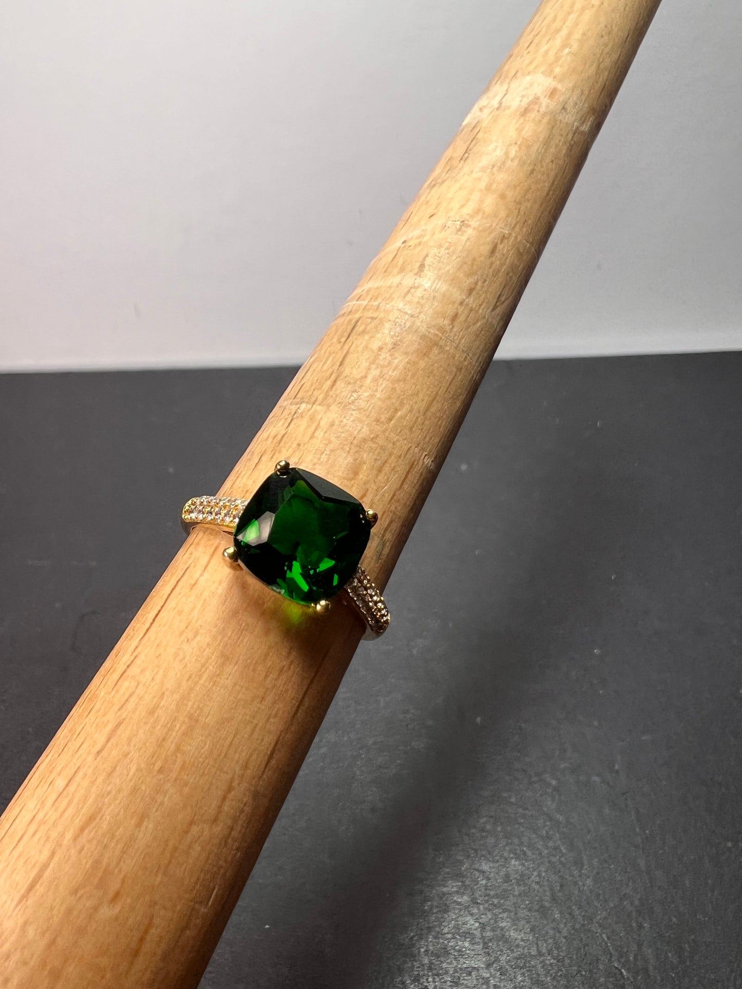 Green cushion cut CZ ring in gold over sterling silver size 9