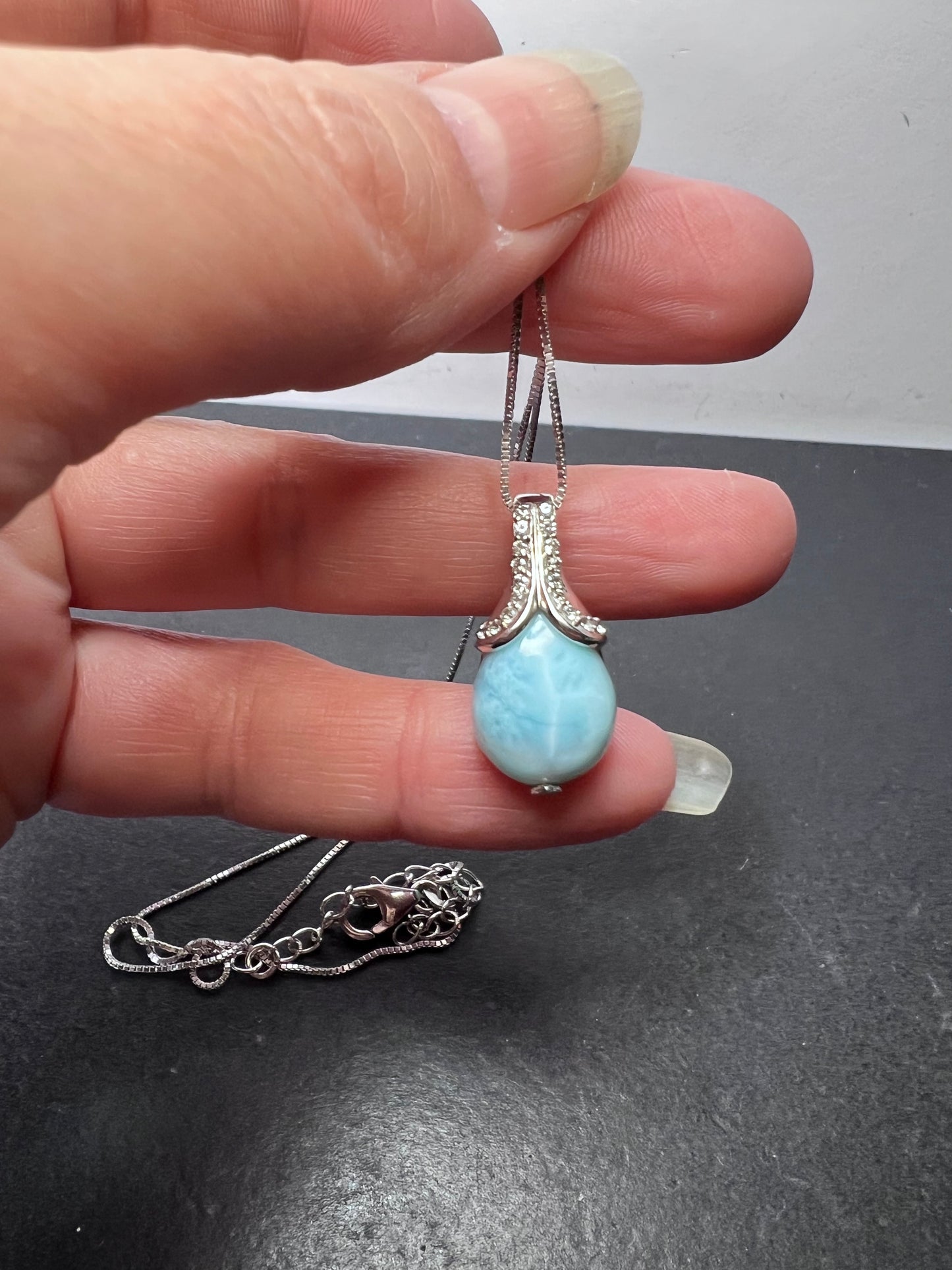 Larimar tear drop sterling silver pendant with 18 inch chain necklace