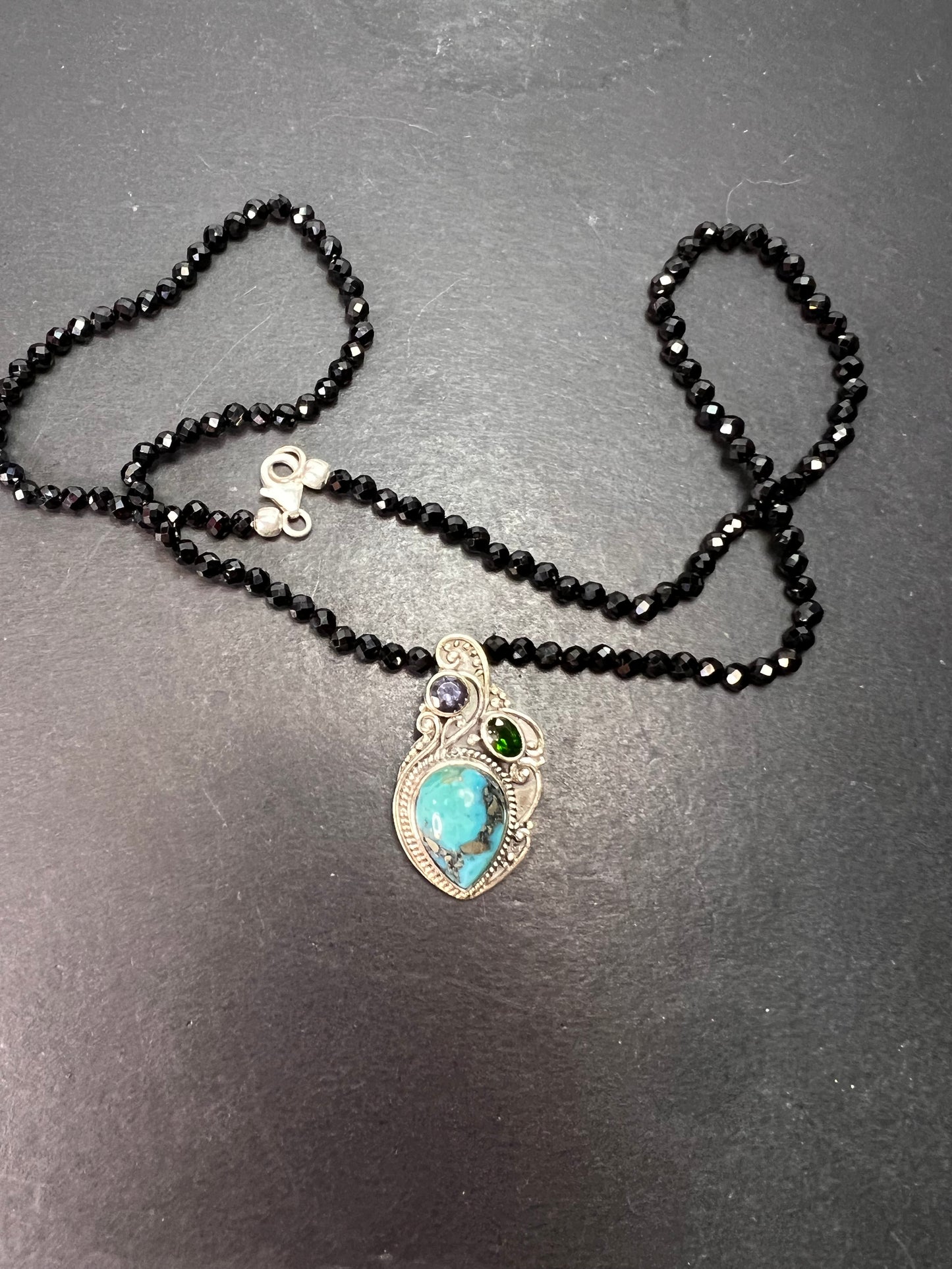 Black spinel and turquoise multi gem sterling silver pendant necklace