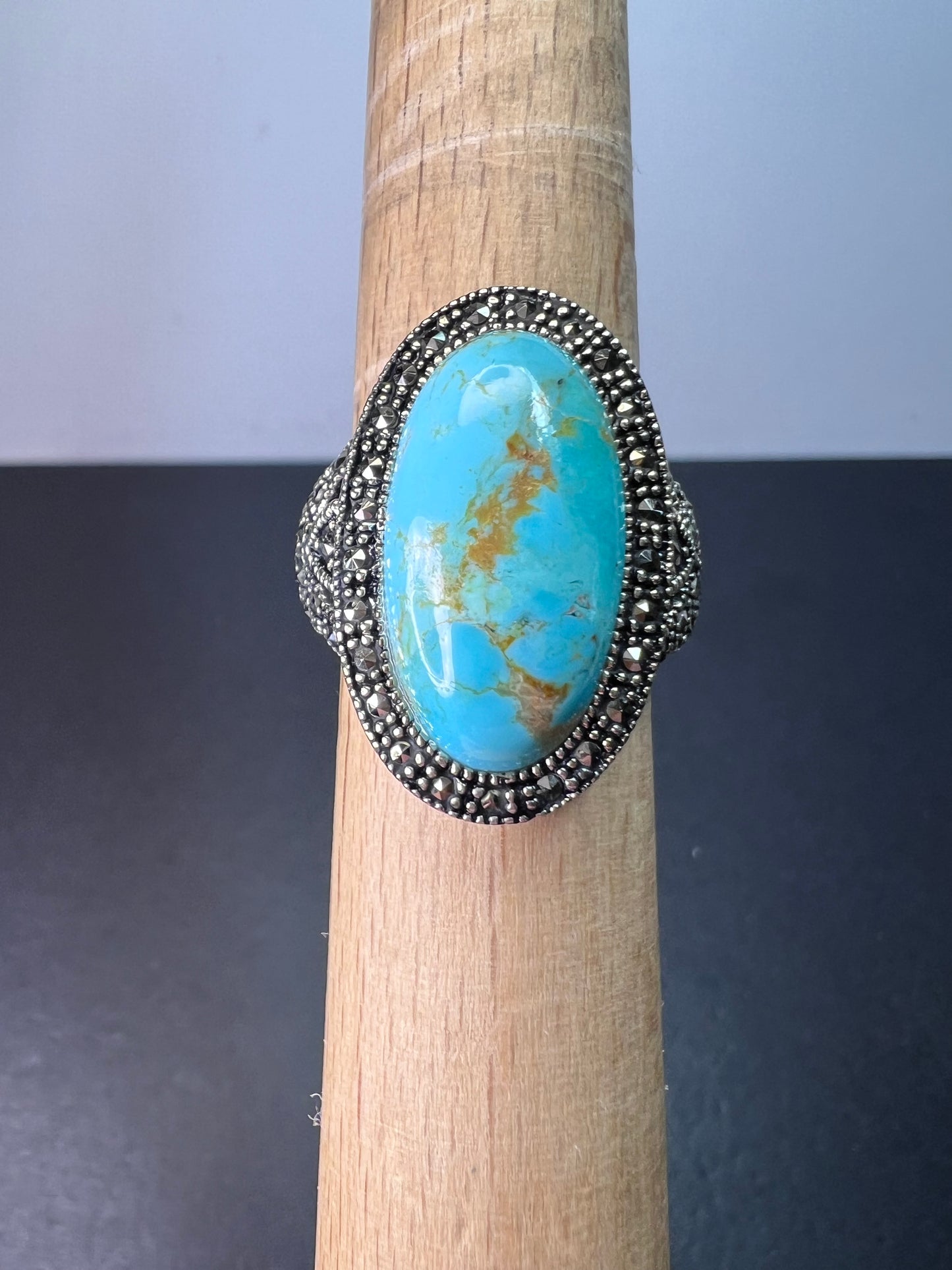 Turquoise composite sterling silver and marcasite ring size 9