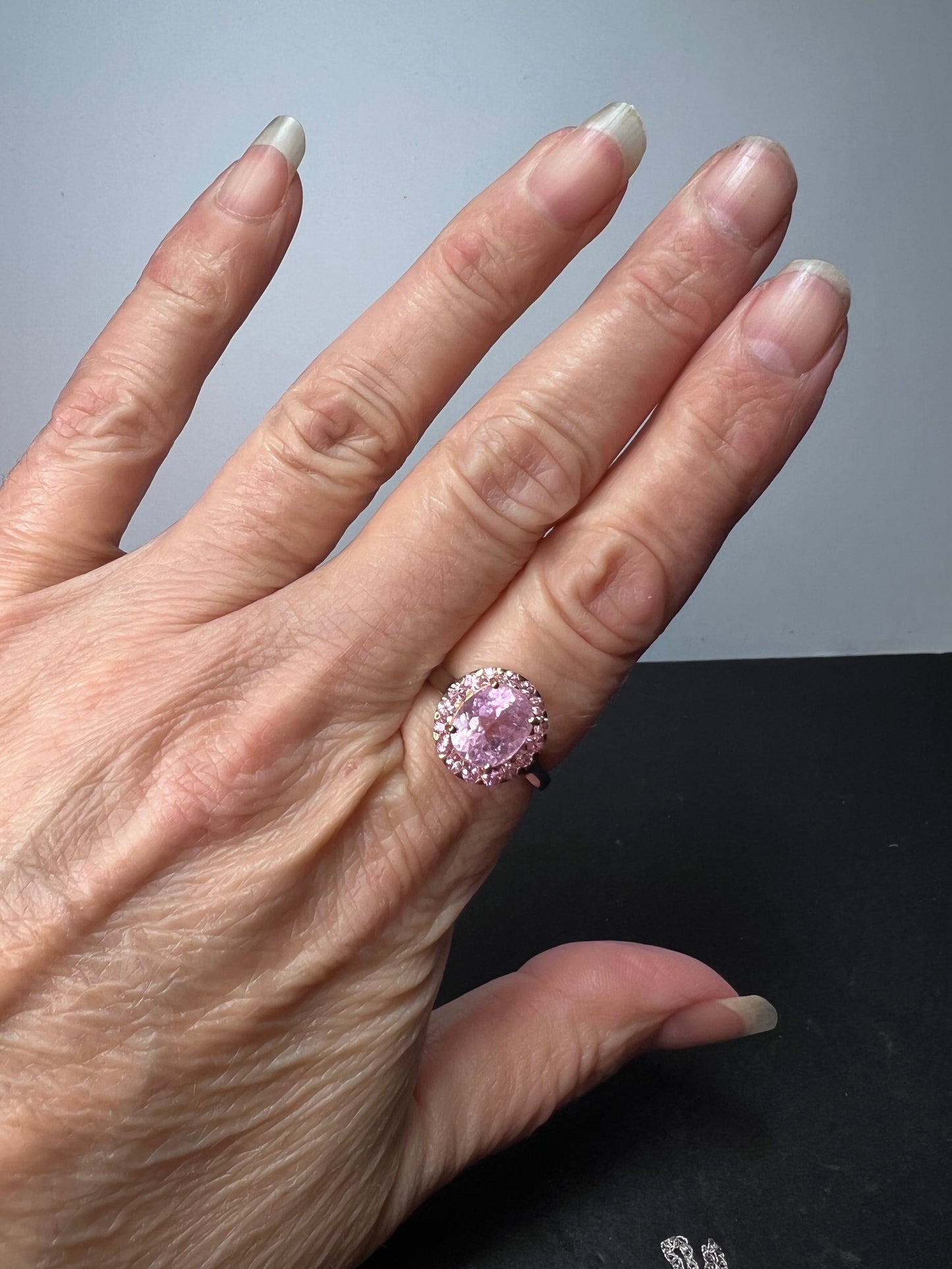 Kunzite and pink sapphire halo ring in sterling silver size 9