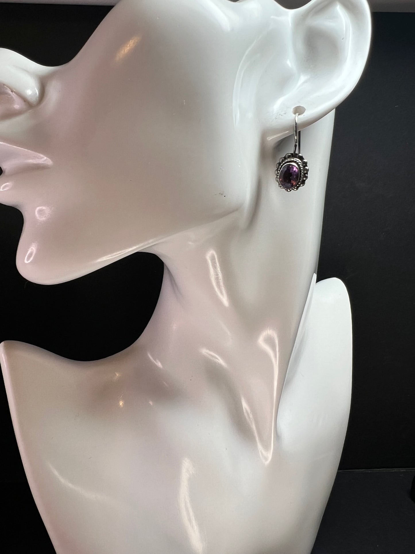 Vintage Balinese Sterling Silver Amethyst Drop Earrings Beaded Halo