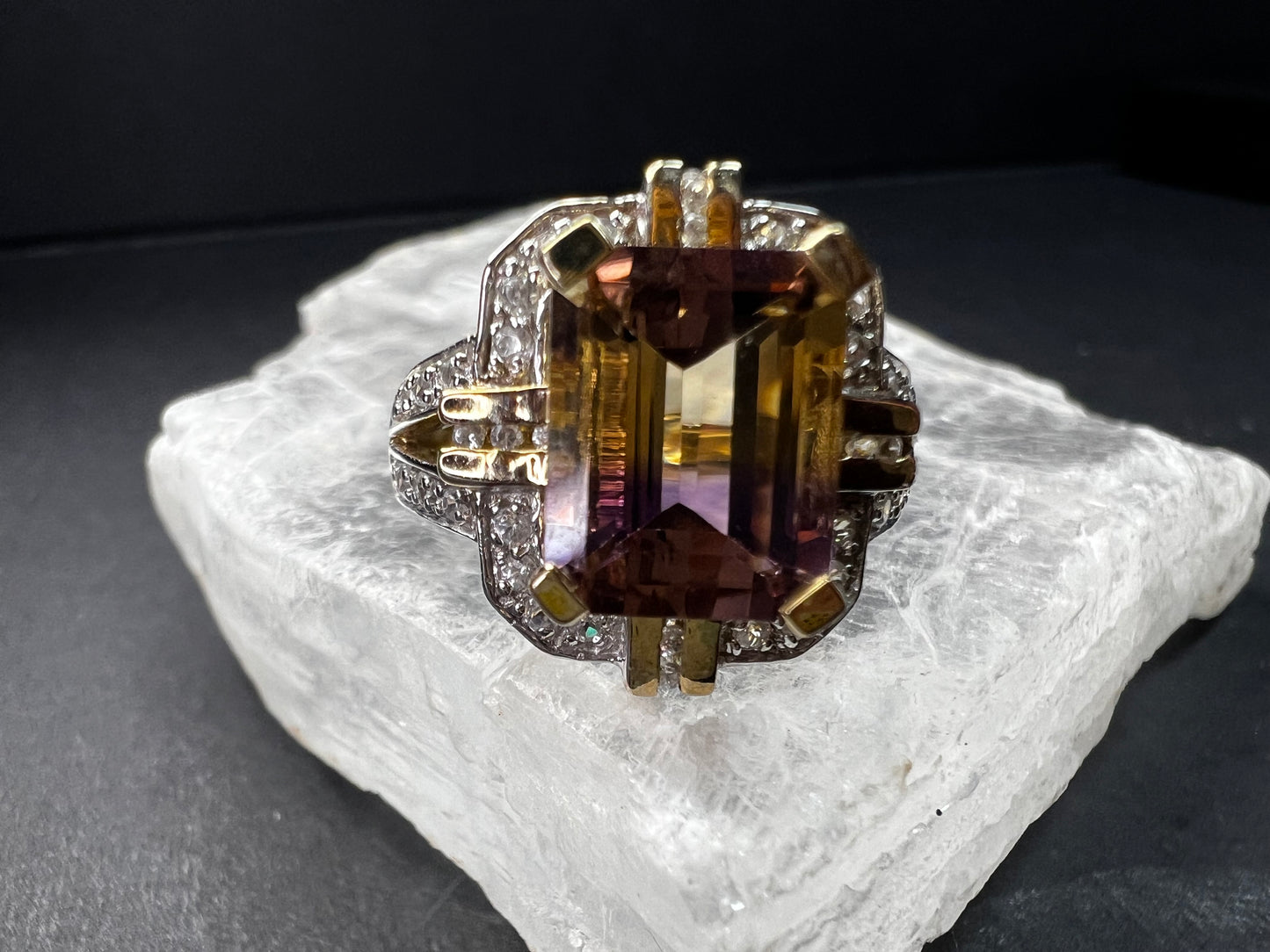 Vintage Ametrine Emerald Cut Ring Gold Over Sterling White Zircon Size 7
