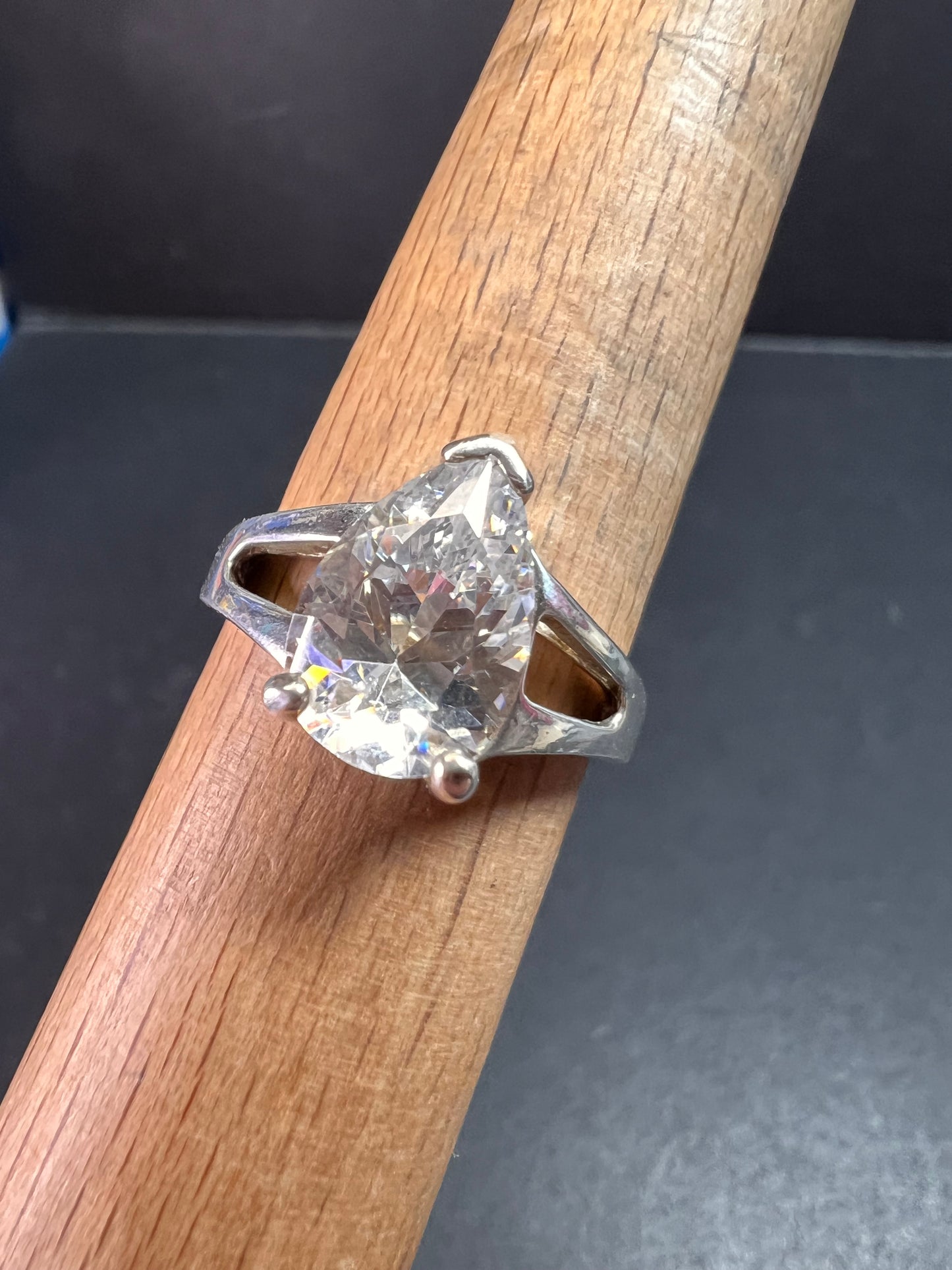 Vintage CZ Pear Solitaire in Sterling Silver, Open Gallery Split Shank, Size 9