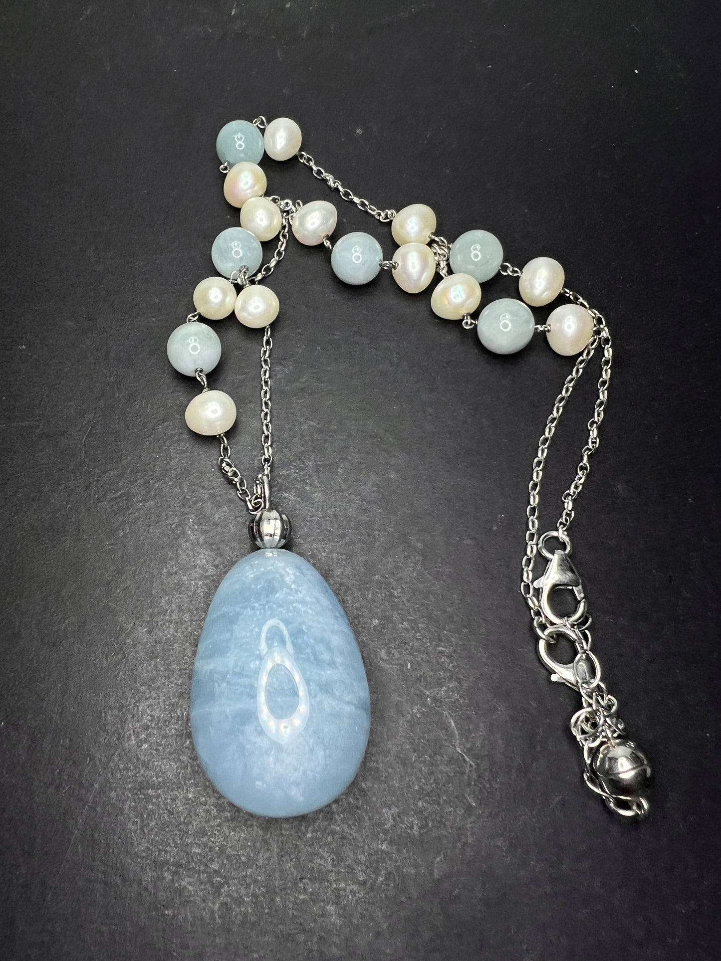 Aquamarine and pearl sterling silver station necklace