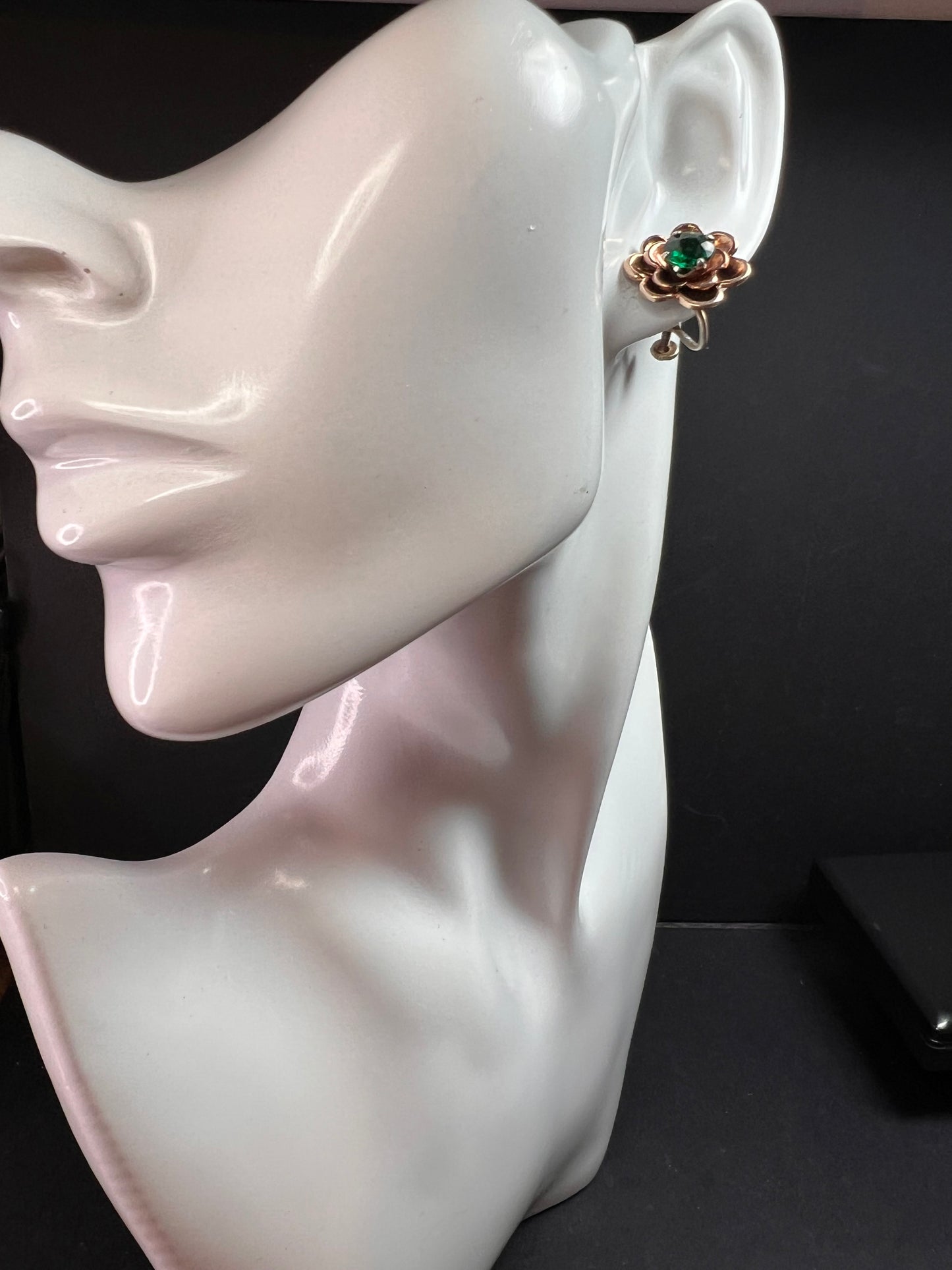 Vintage 1940s Vermeil Flower Screw Back Green Paste Earrings