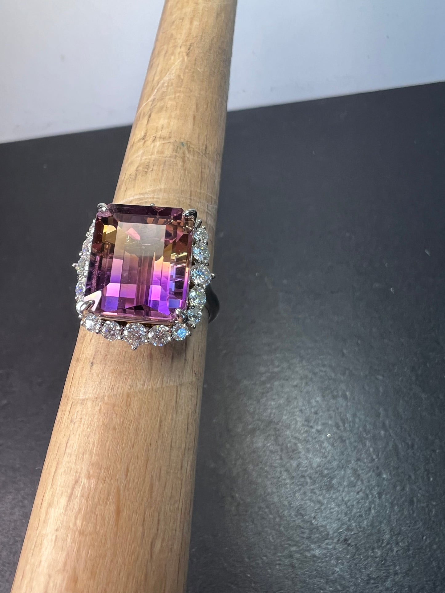 Ametrine and moissanite halo ring in rhodium over sterling silver size 8