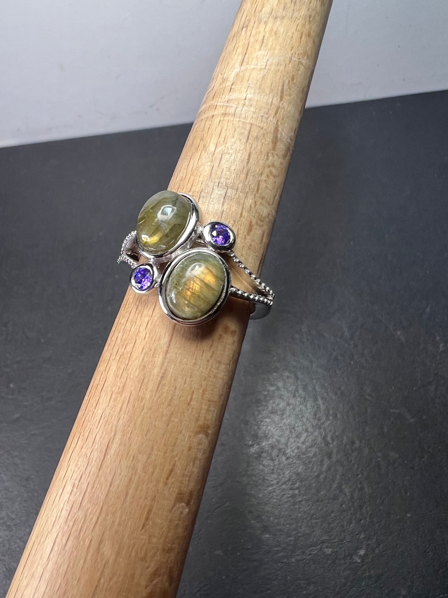 Labradorite and purple CZ sterling silver ring size 9