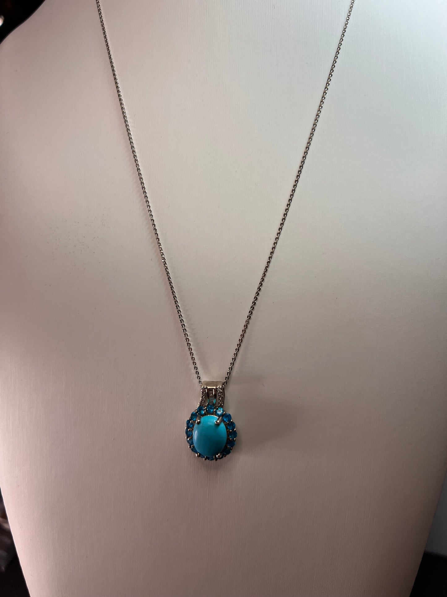 Sleeping Beauty turquoise , Malgache neon apatite and diamond halo pendant necklace in platinum over sterling silver with 20 inch chain 4.85ctw