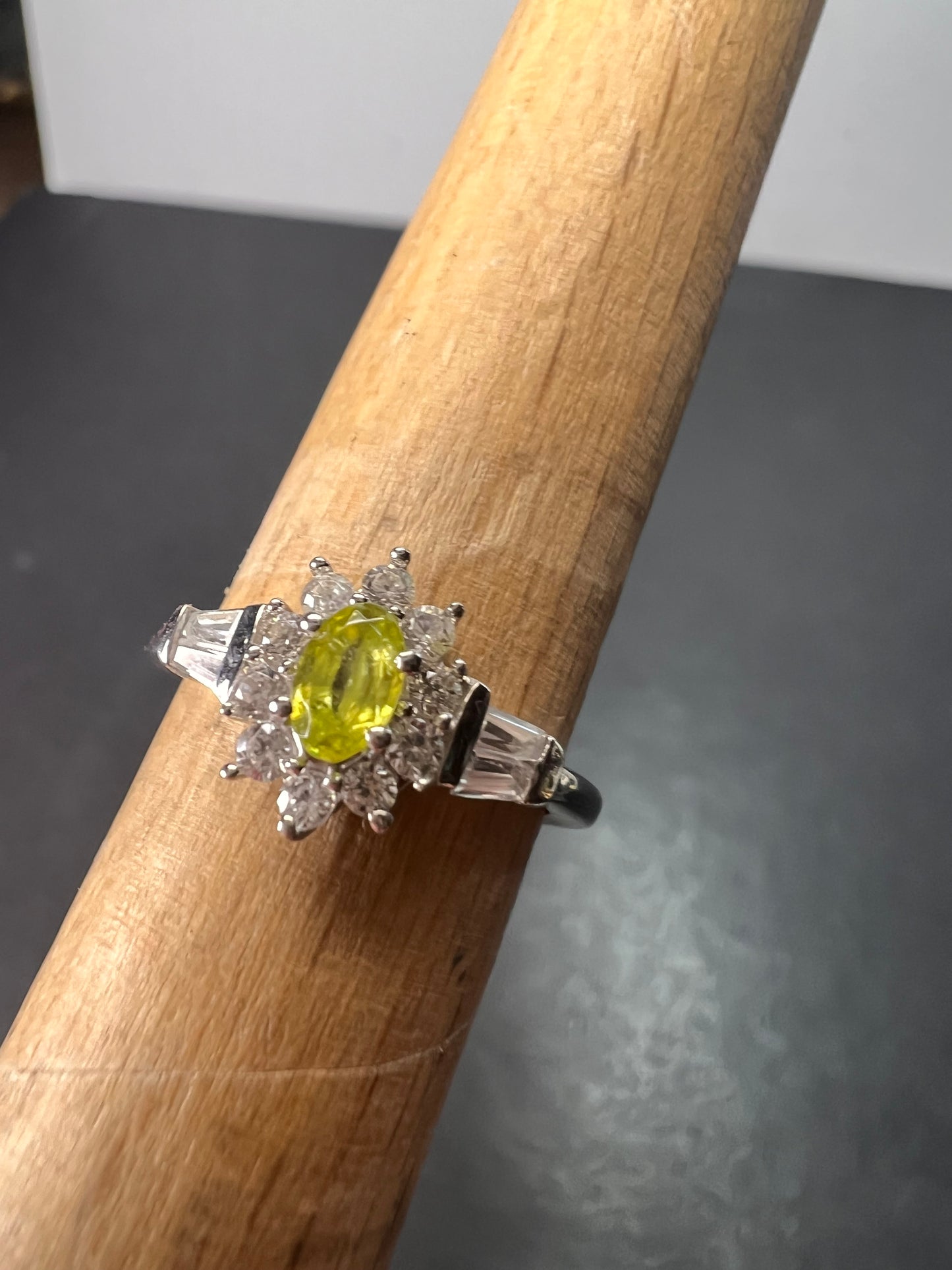 Sphene halo ring in rhodium over sterling silver size 5 *NEW*