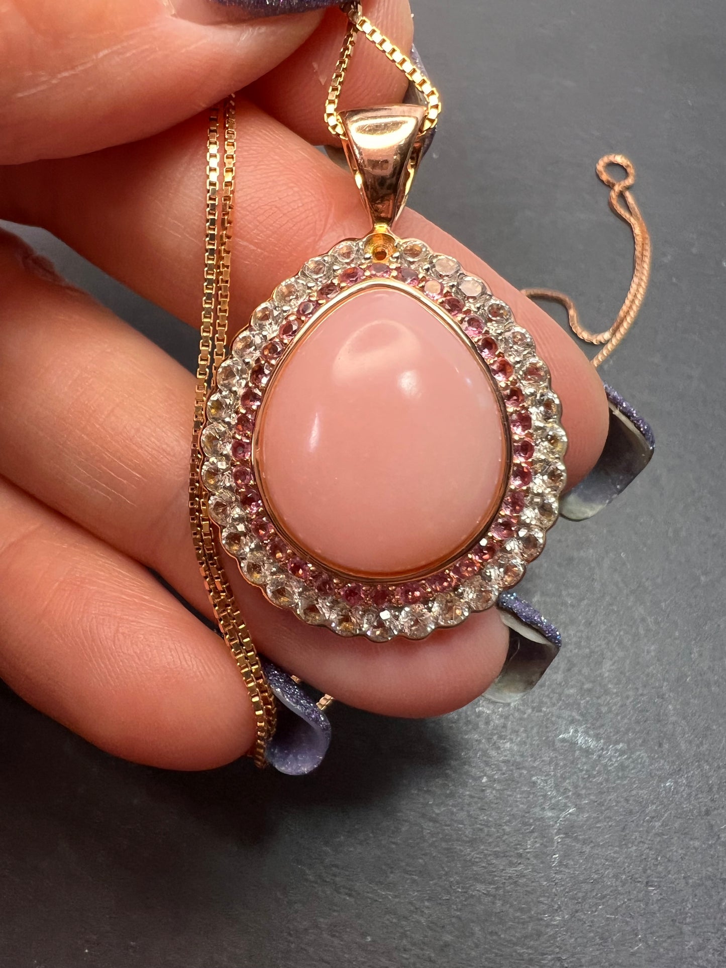 Pink opal, pink tourmaline and white topaz pendant necklace rose gold over sterling 18 inch chain